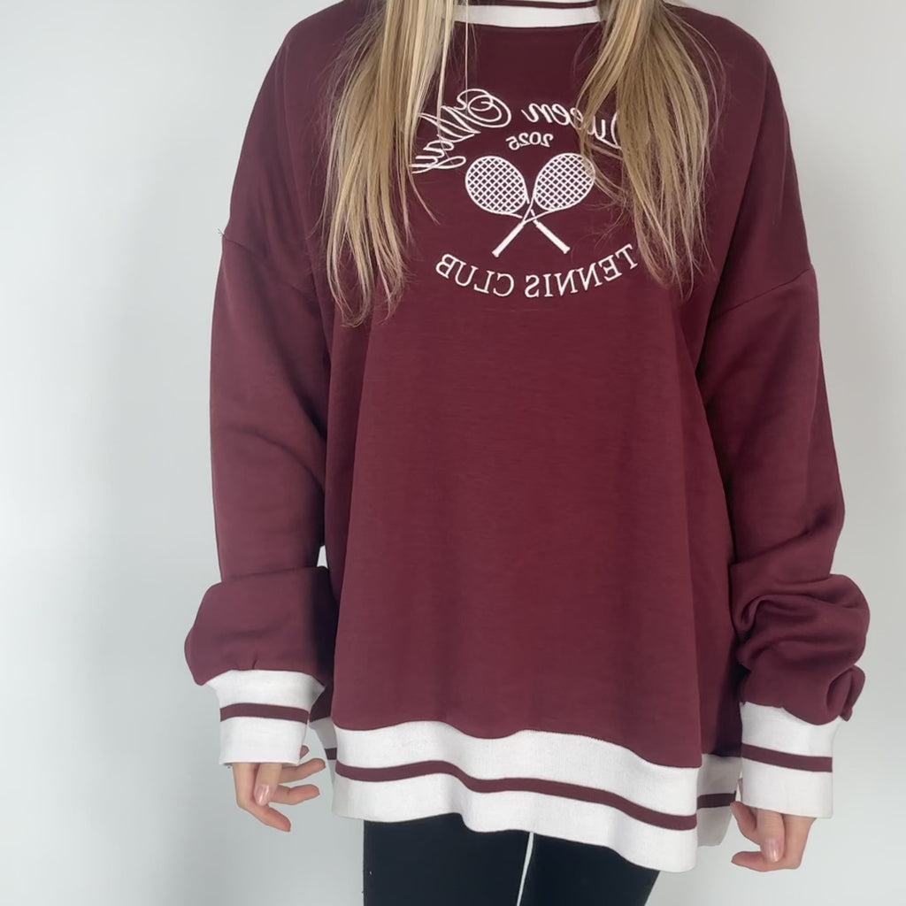 Queen May Tennis Club Embroidered Ribbed Hem Burgundy Sweatshirt - Queen May