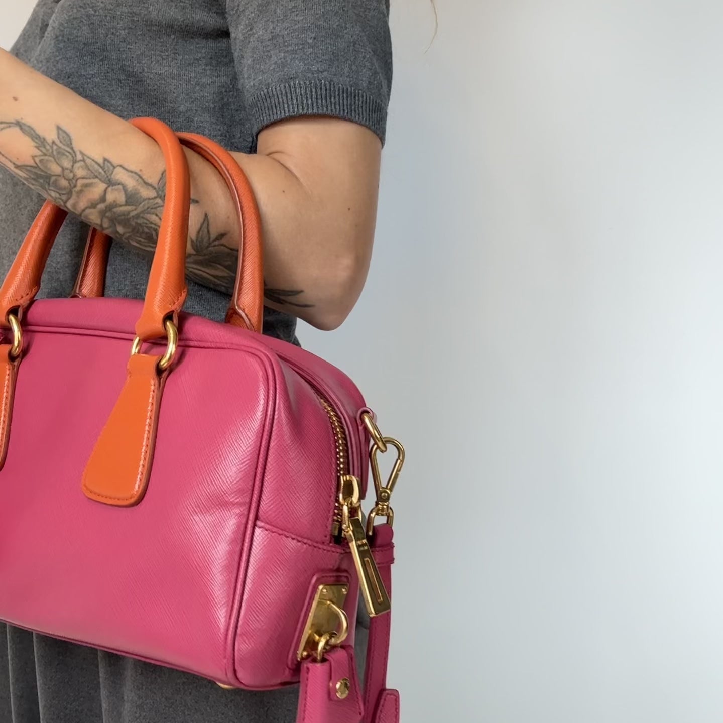 Prada Saffiano Bowling Bag in Pink and Orange - Queen May