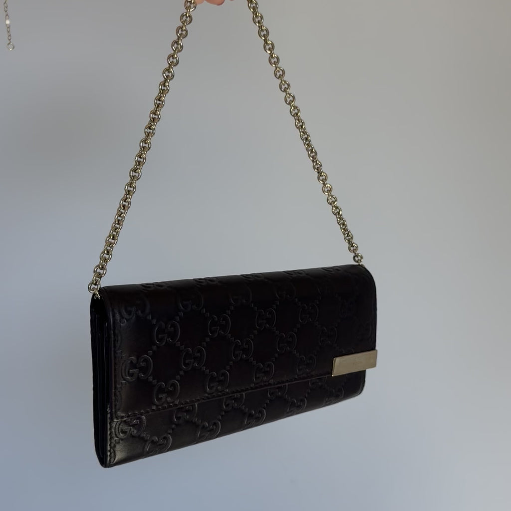 Gucci Brown Guccissima Leather Wallet Chain Clutch Bag - Queen May