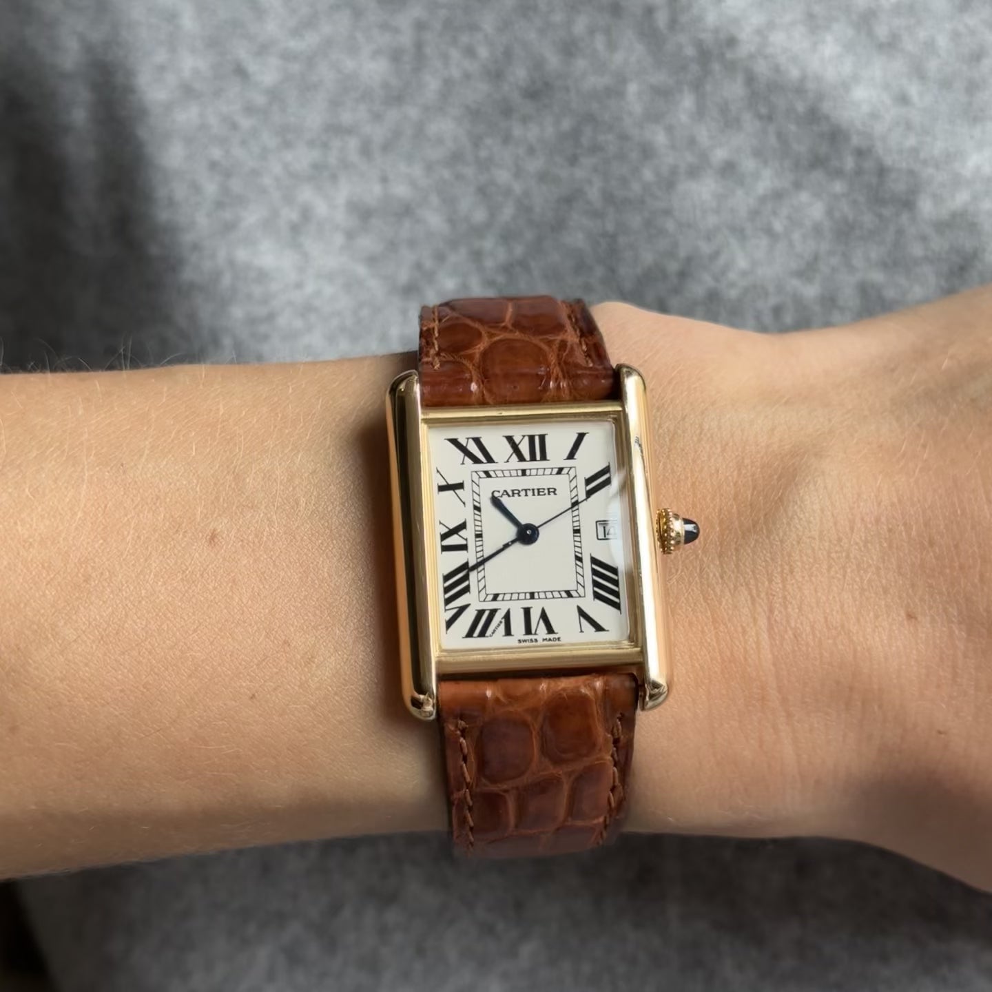 Cartier Tank Louis Cartier Model 2441 White Roman Numeral Dial Quartz 25MM 18K Yellow Gold Brown Leather Strap - Queen May