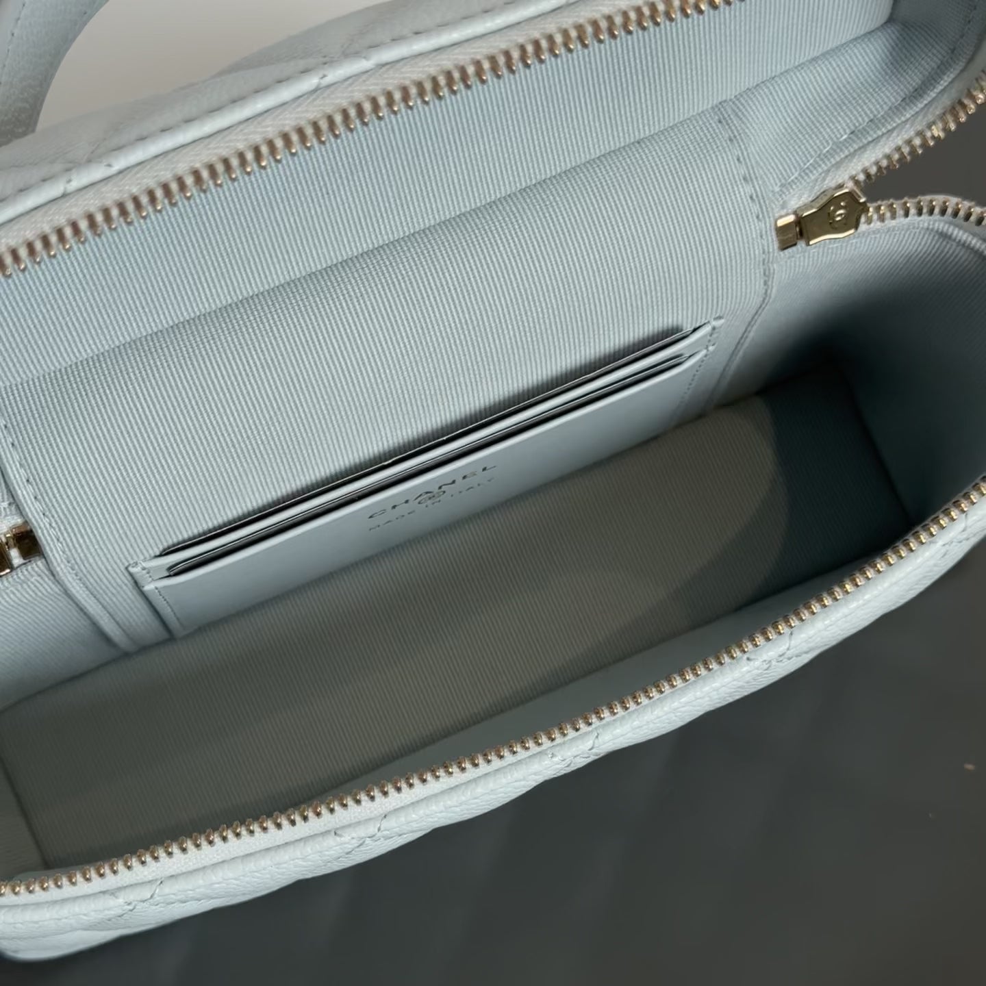 Chanel Caviar Quilted Top Handle Slim Vanity with Chain Light Blue - Queen May