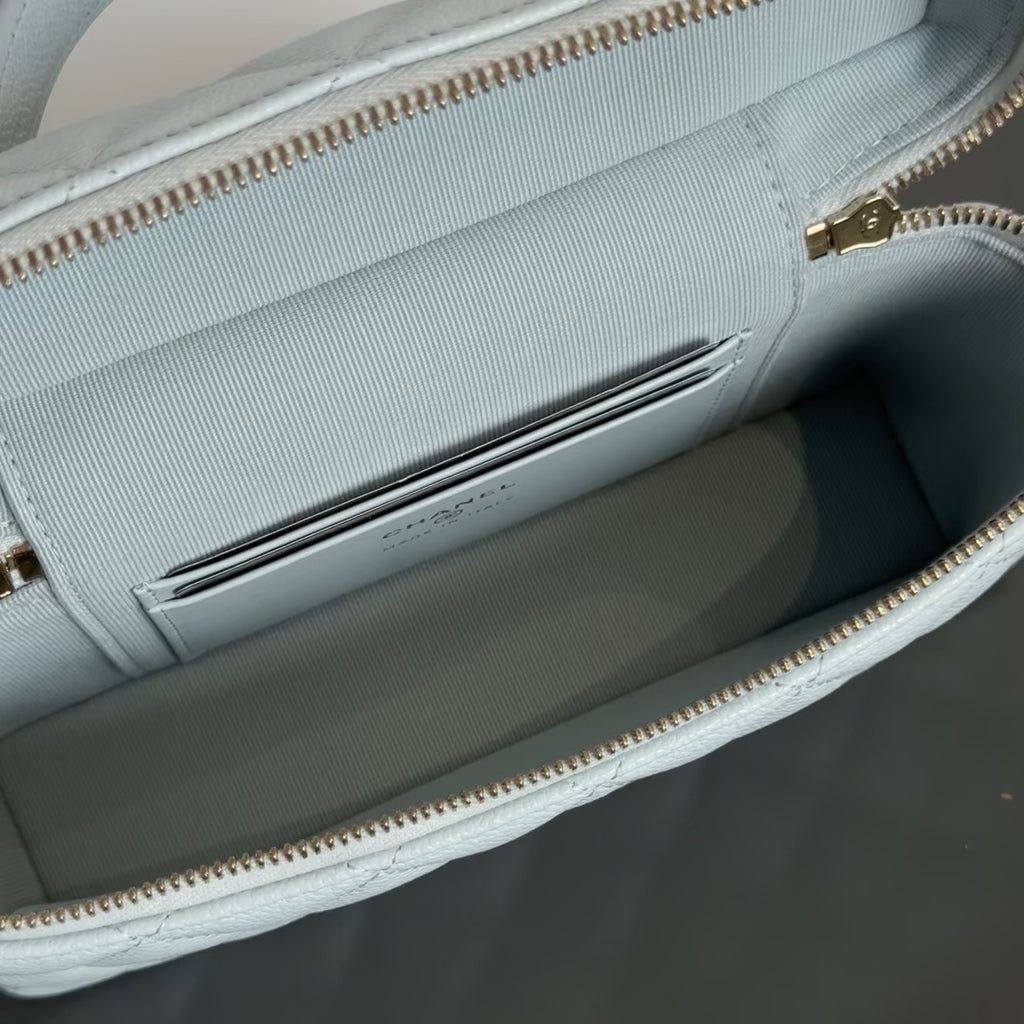 Chanel Caviar Quilted Top Handle Slim Vanity with Chain Light Blue - Queen May