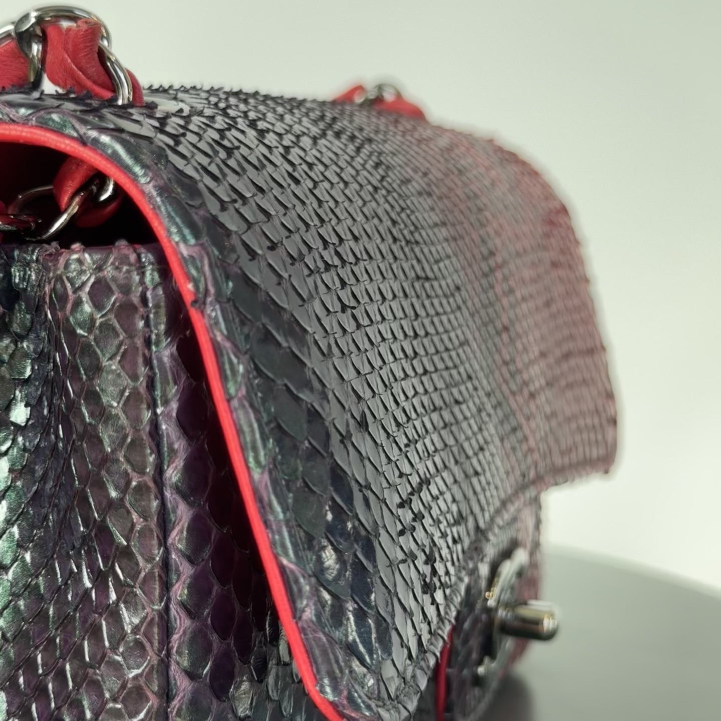 Chanel Mini Rectangular Flap Bag Red and Black Python Ruthenium Tone Hardware - Queen May