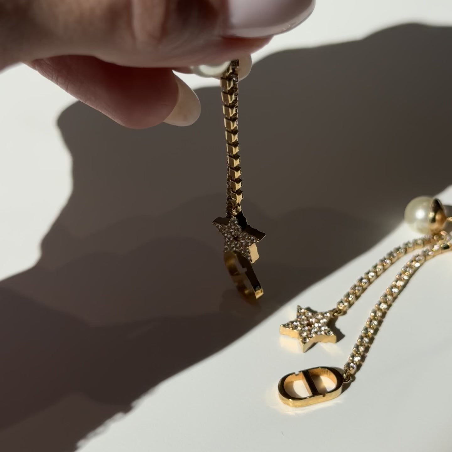 Dior Triabales Earrings Gold Finish Metal White Resin Pearls White Crystals - Queen May