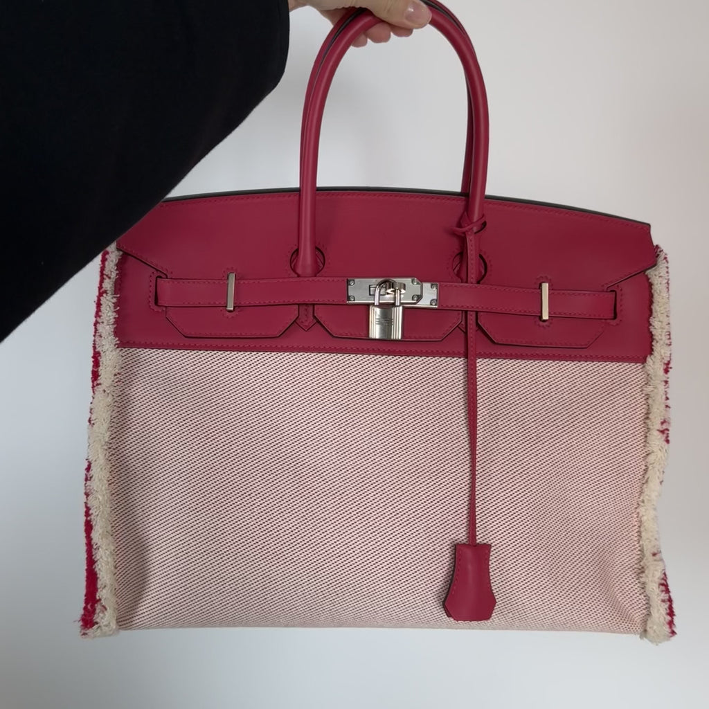 Limited Edition Hermes Framboise Swift and Ecru Toile Fray Fray Birkin 35 PHW Palladium Hardware - Queen May