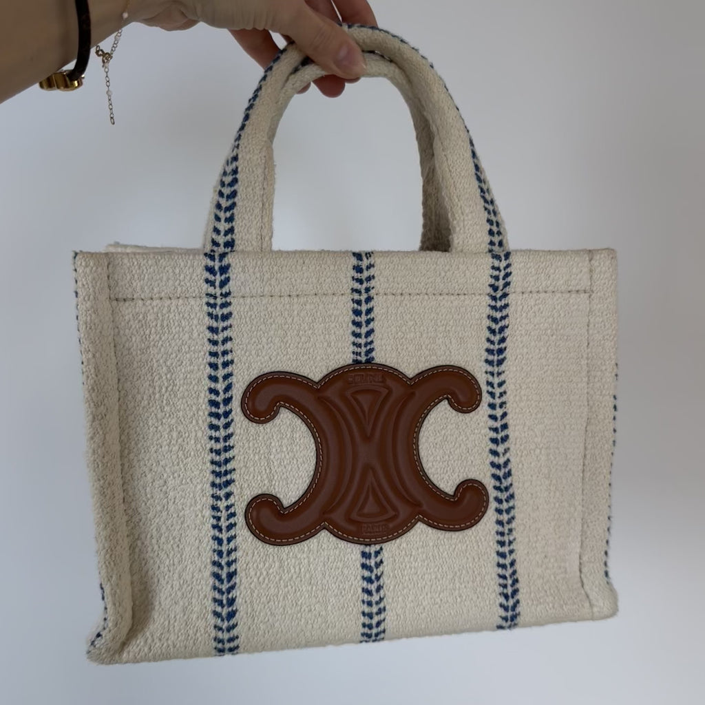 Celine Canvas Calfskin Stripe Triomphe Small Cabas White Blue - Queen May