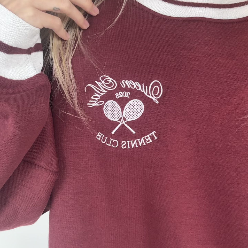 Queen May Tennis Club Pocket Embroidered Ribbed Hem Burgundy Sweatshirt - Queen May