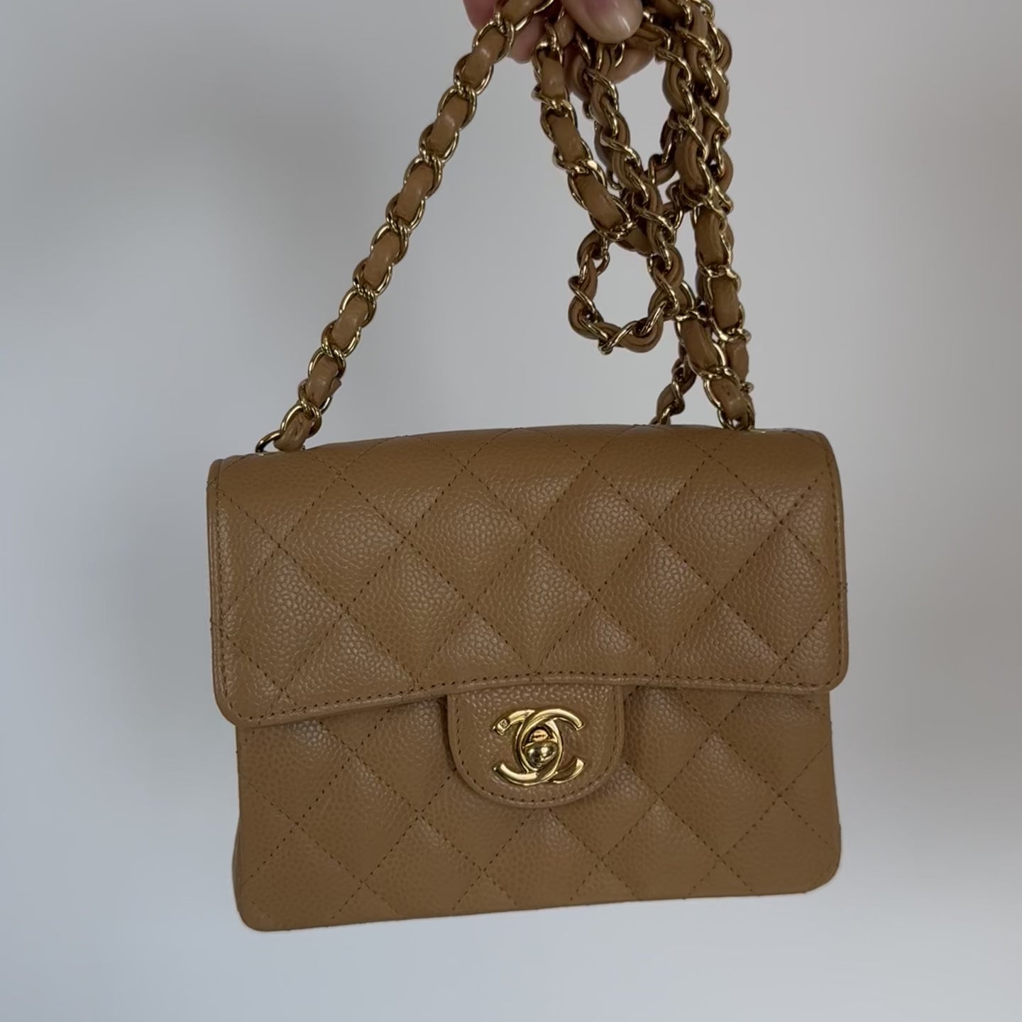 Chanel Vintage Camel Beige Quilted Caviar Mini Square Classic Single Flap Gold Hardware - Queen May