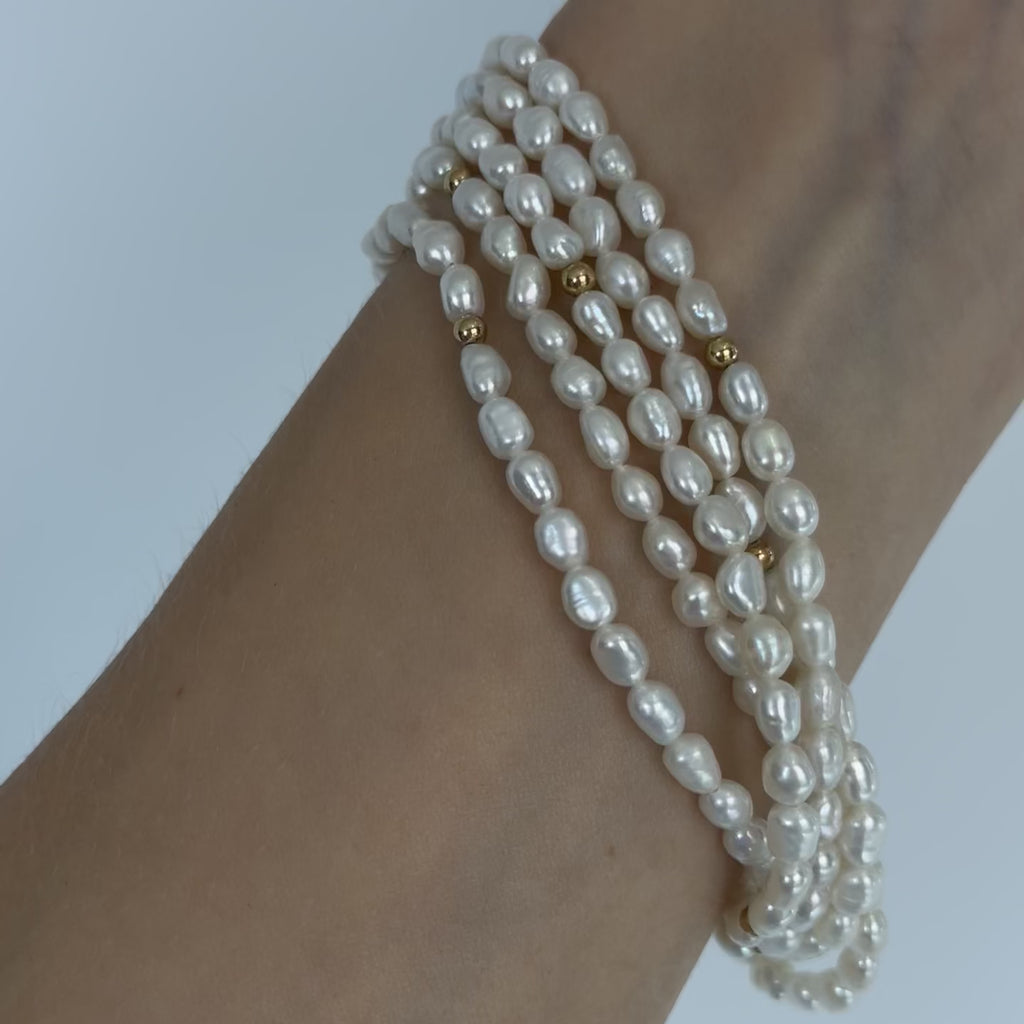 14K Yellow Gold Five Strand Cultured Pearl Bracelet - Queen May