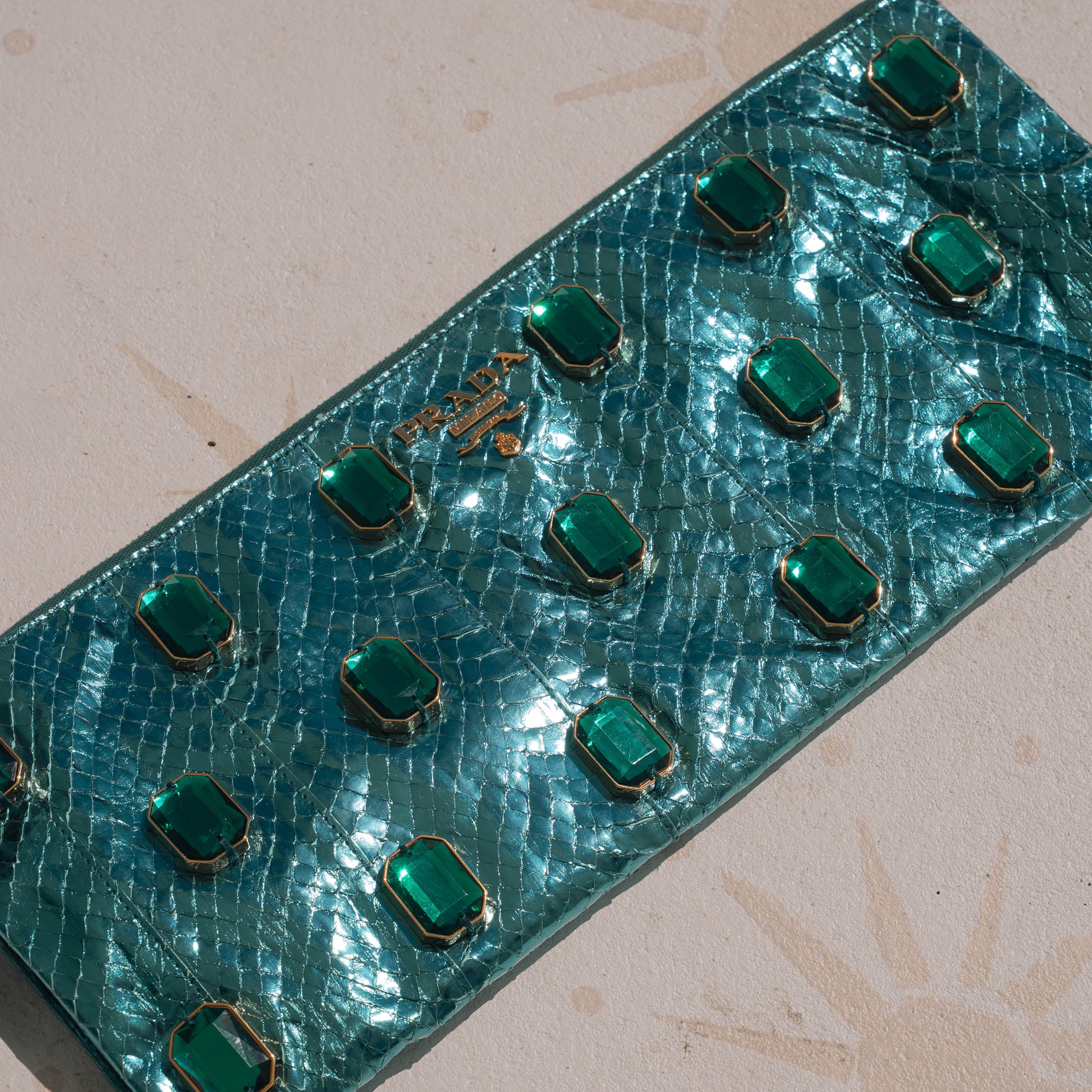 Prada Metallic Blue Watersnake Crystal Clutch - Queen May