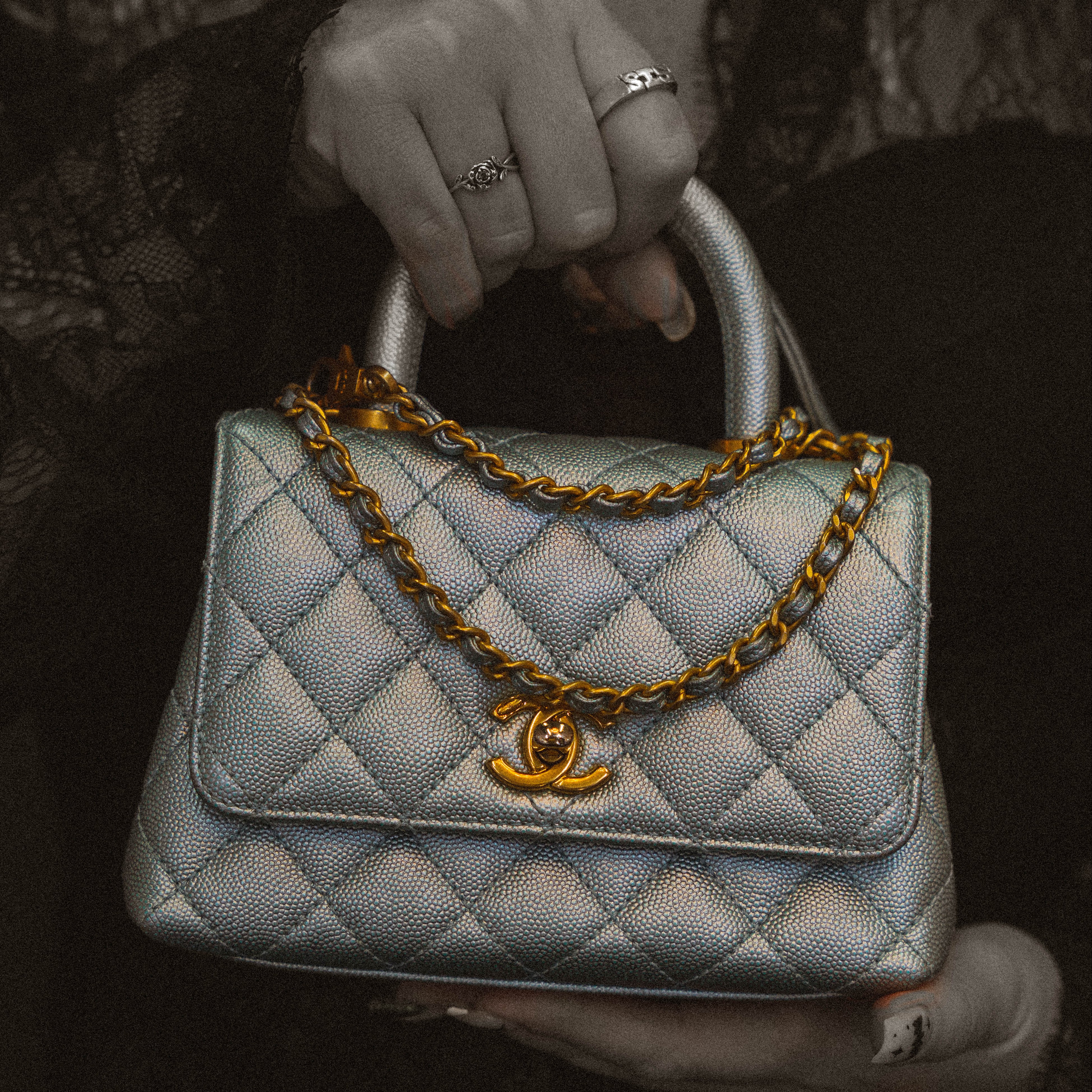 Chanel Metallic Caviar Quilted Mini Coco Handle Flap Light Blue - Queen May