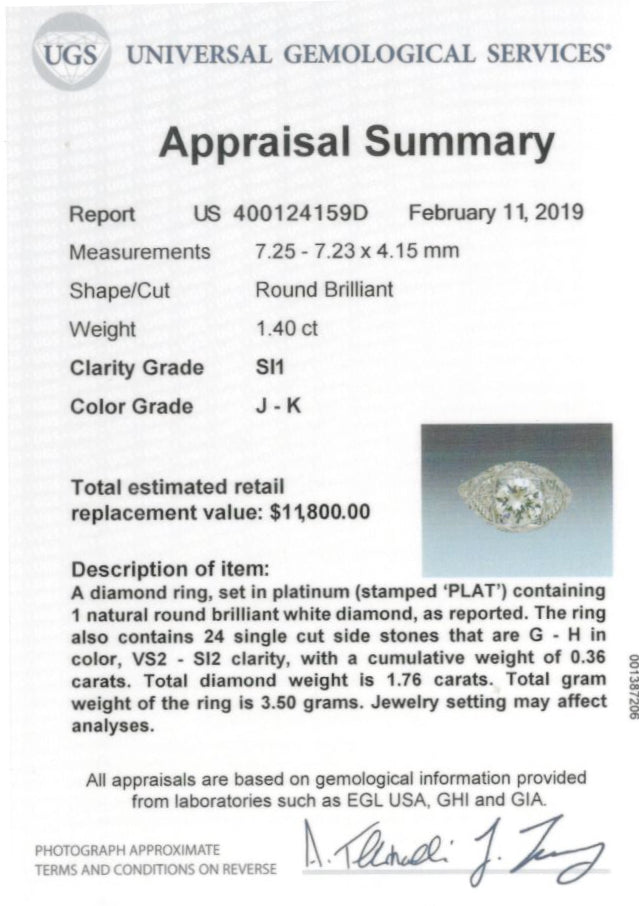 Art Deco Platinum 1.4 Carat Round Brilliant Cut Diamond Engagement Ring - Queen May