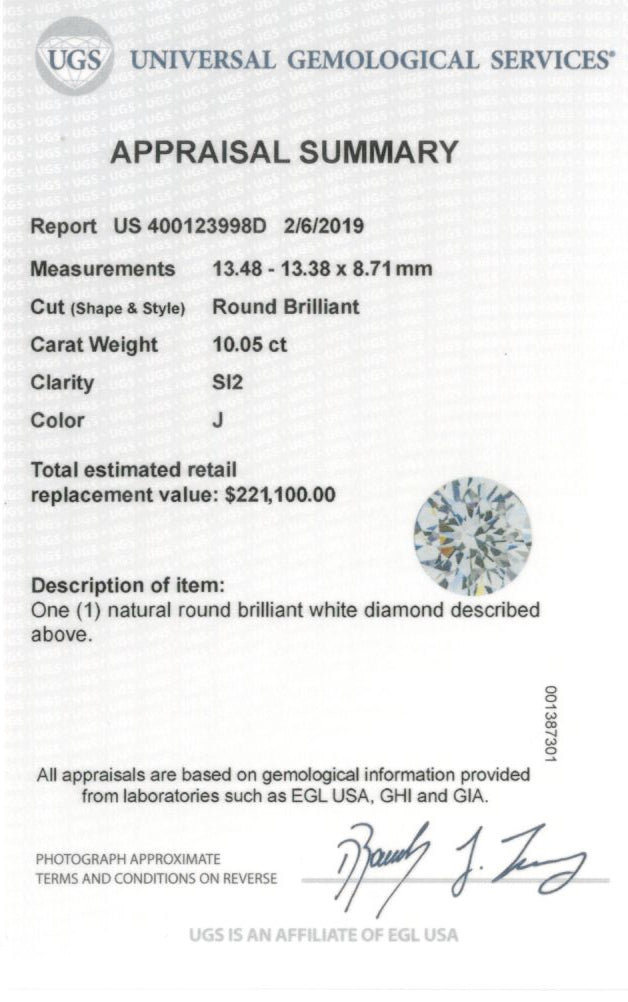 10.05 Carat Round Brilliant Cut Diamond Ring EGL Certified - Queen May