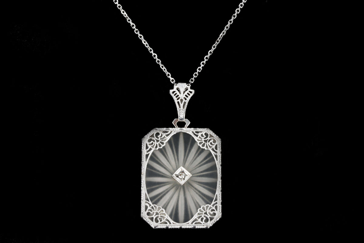 Art Deco 14K White Gold Carved Rock Crystal Diamond Pendant Necklace - Queen May