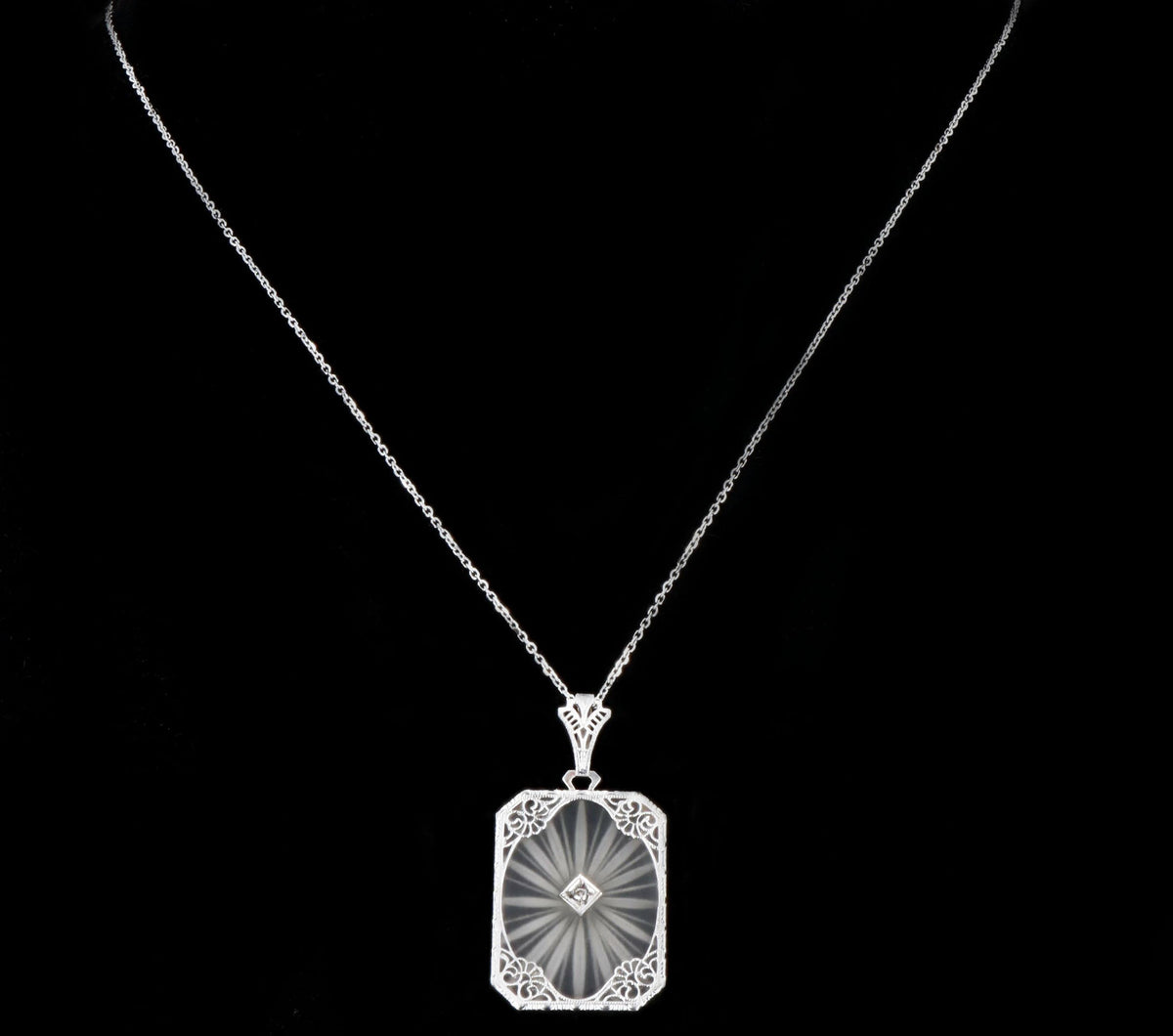 Art Deco 14K White Gold Carved Rock Crystal Diamond Pendant Necklace - Queen May