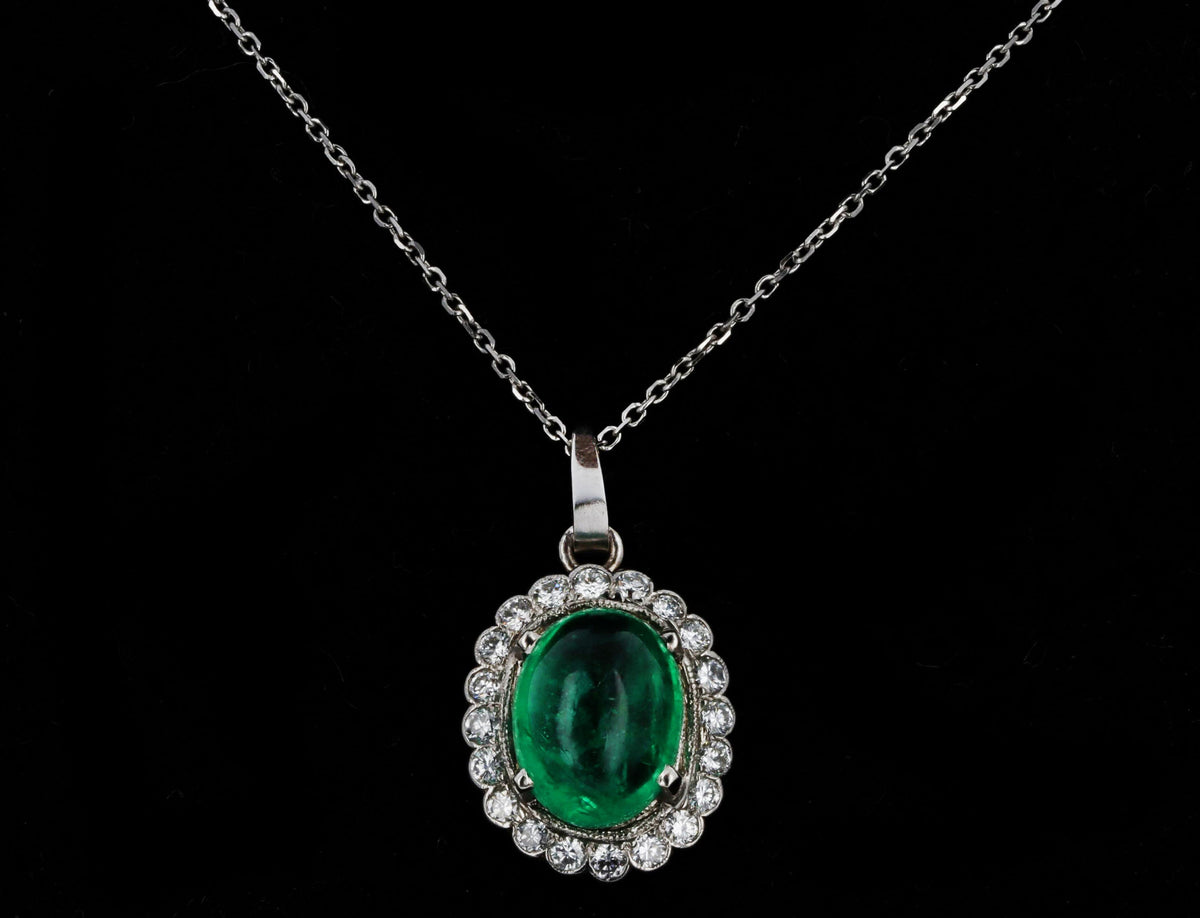 14K White Gold 4.28 Carat Cabochon Natural Emerald & Diamond Diamond Halo Pendant Necklace - Queen May