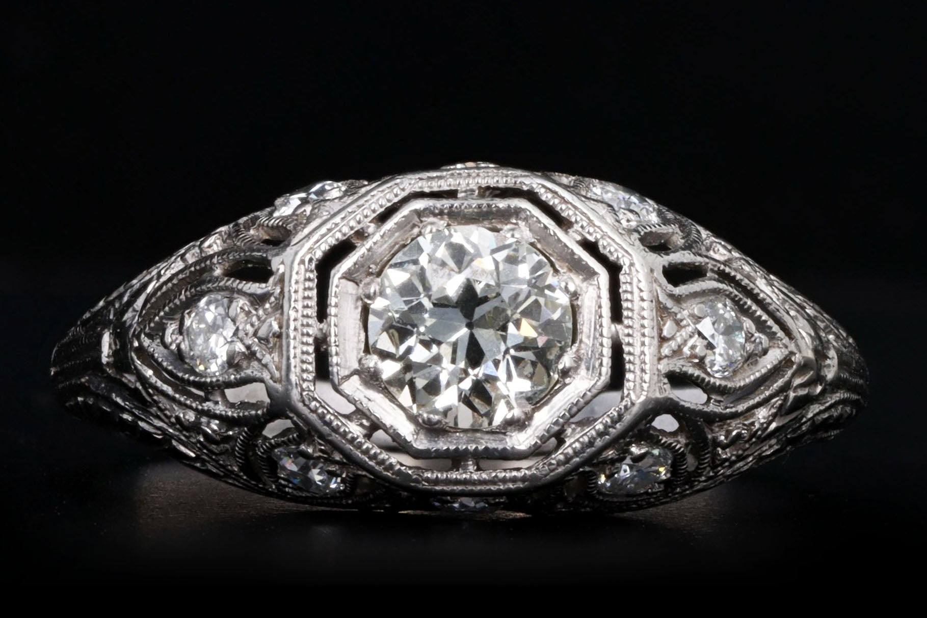 Art Deco Platinum 0.55 Carat Old European Diamond Filigree Engagement Ring - Queen May