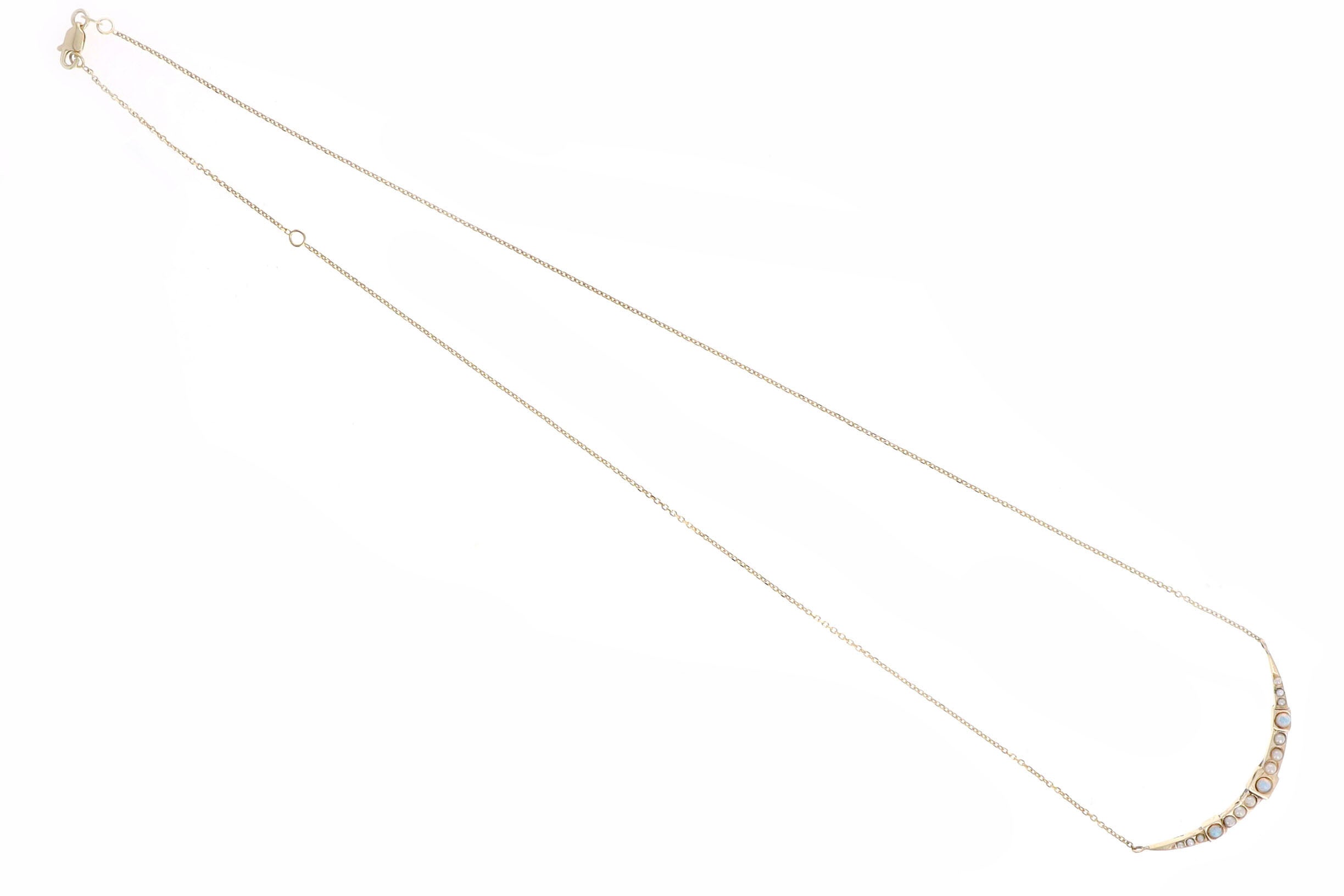 Victorian 14K Yellow Gold Opal & Seed Pearl Crescent Moon Stick Pin Conversion Pendant Necklace - Queen May