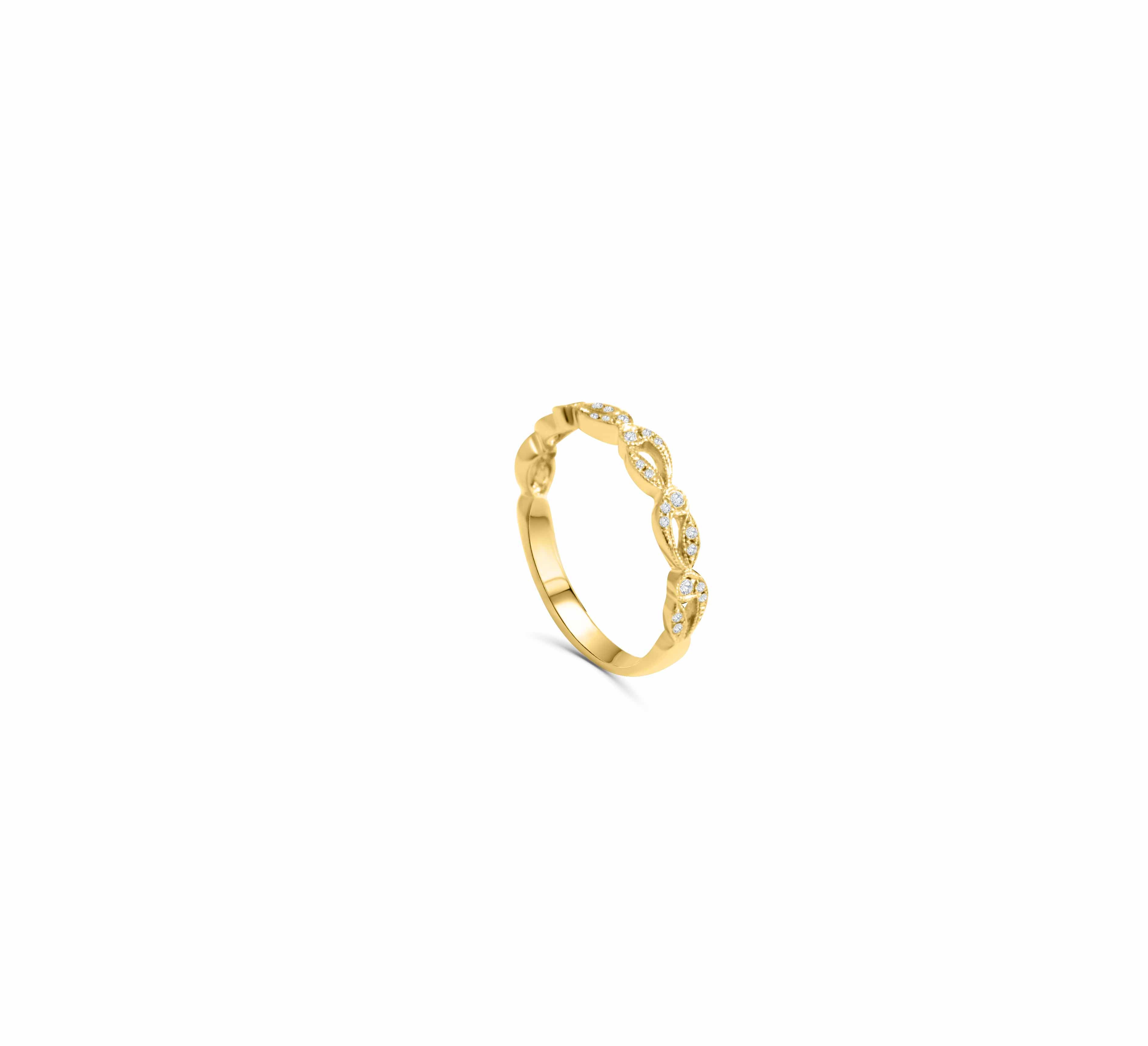 New 14K Yellow Gold Diamond Stackable Scroll Motif Wedding Band - Queen May