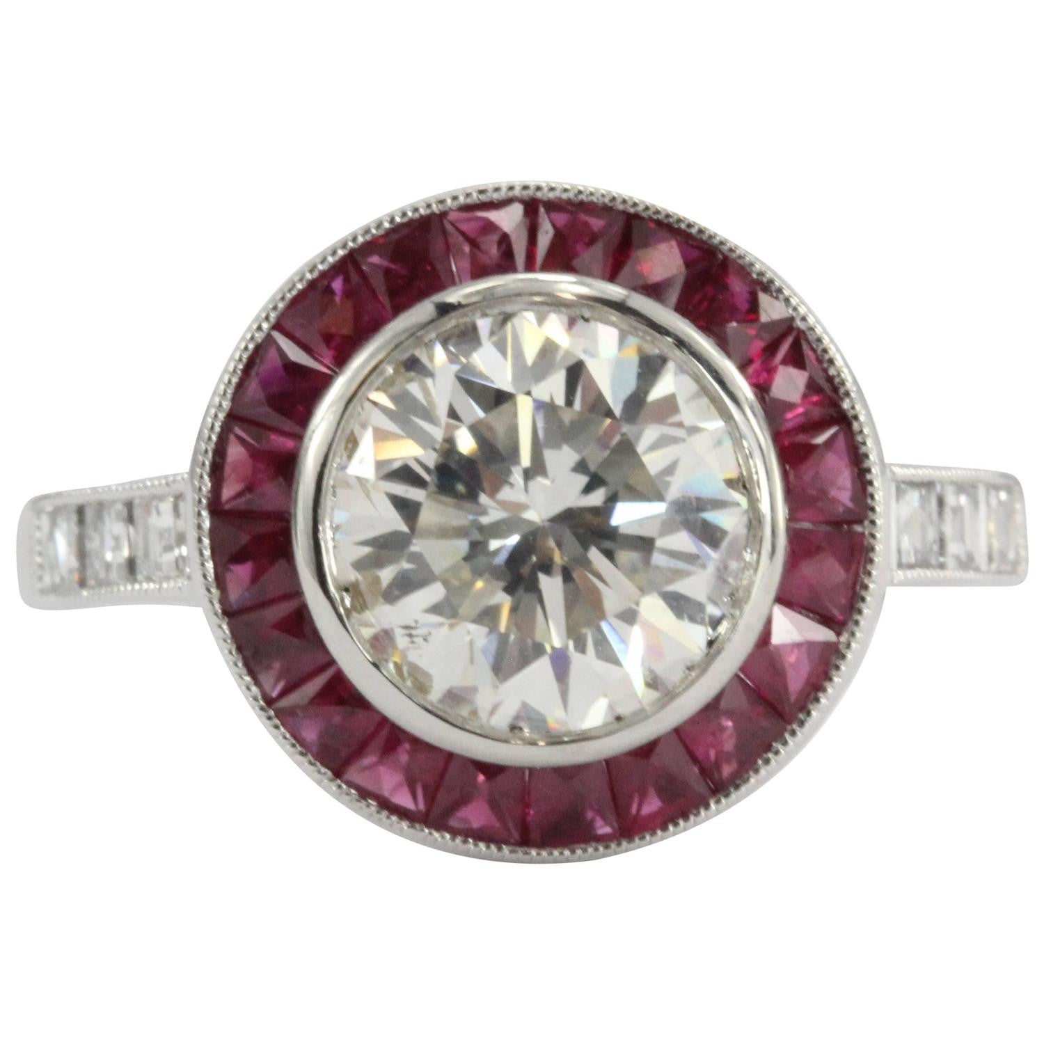 Art Deco Inspired Platinum 1.9 Carat Diamond & Ruby Sophia D Engagement Ring - Queen May