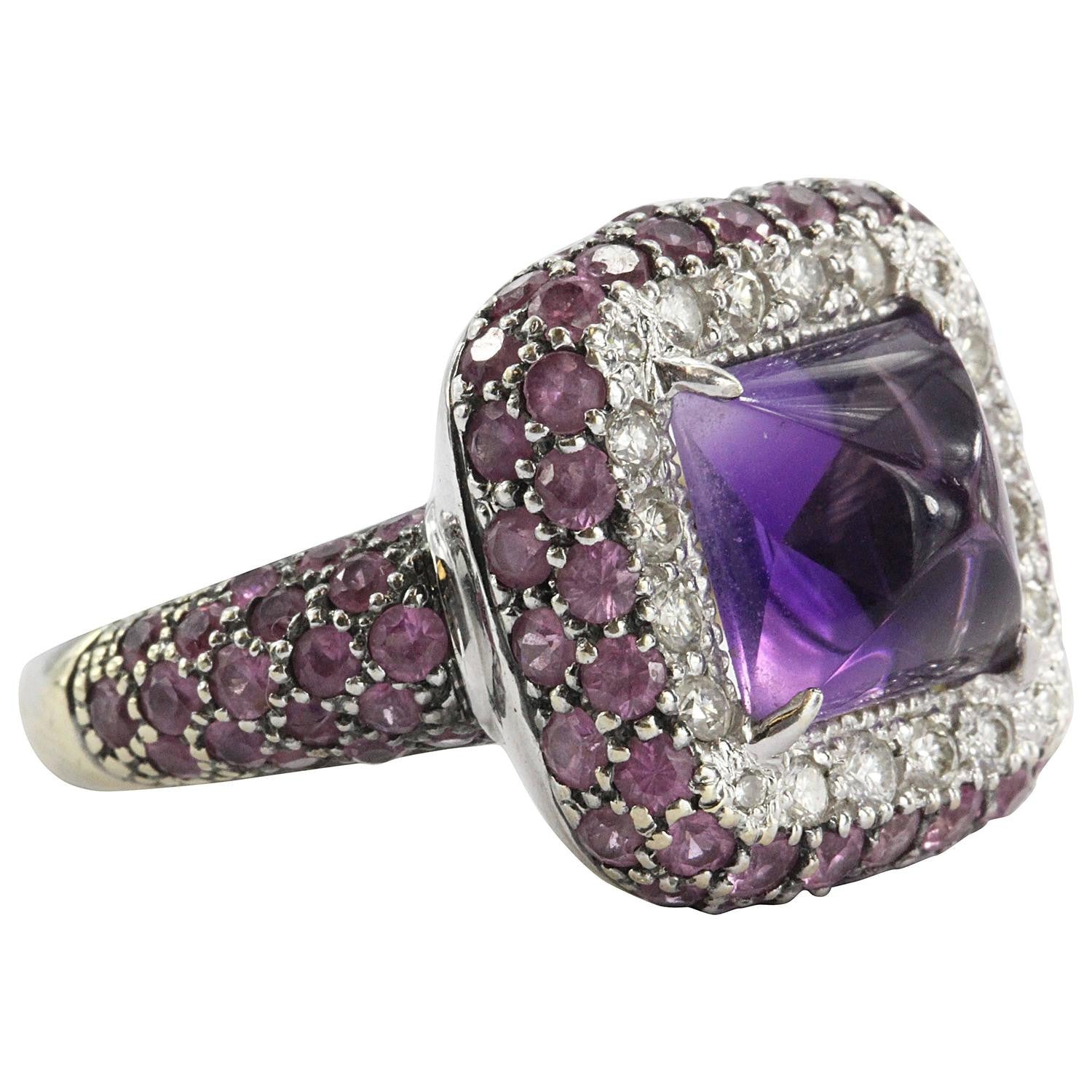 Estate 18k White Gold Amethyst, Diamond, & Pink Sapphire Chunky Ring - Queen May