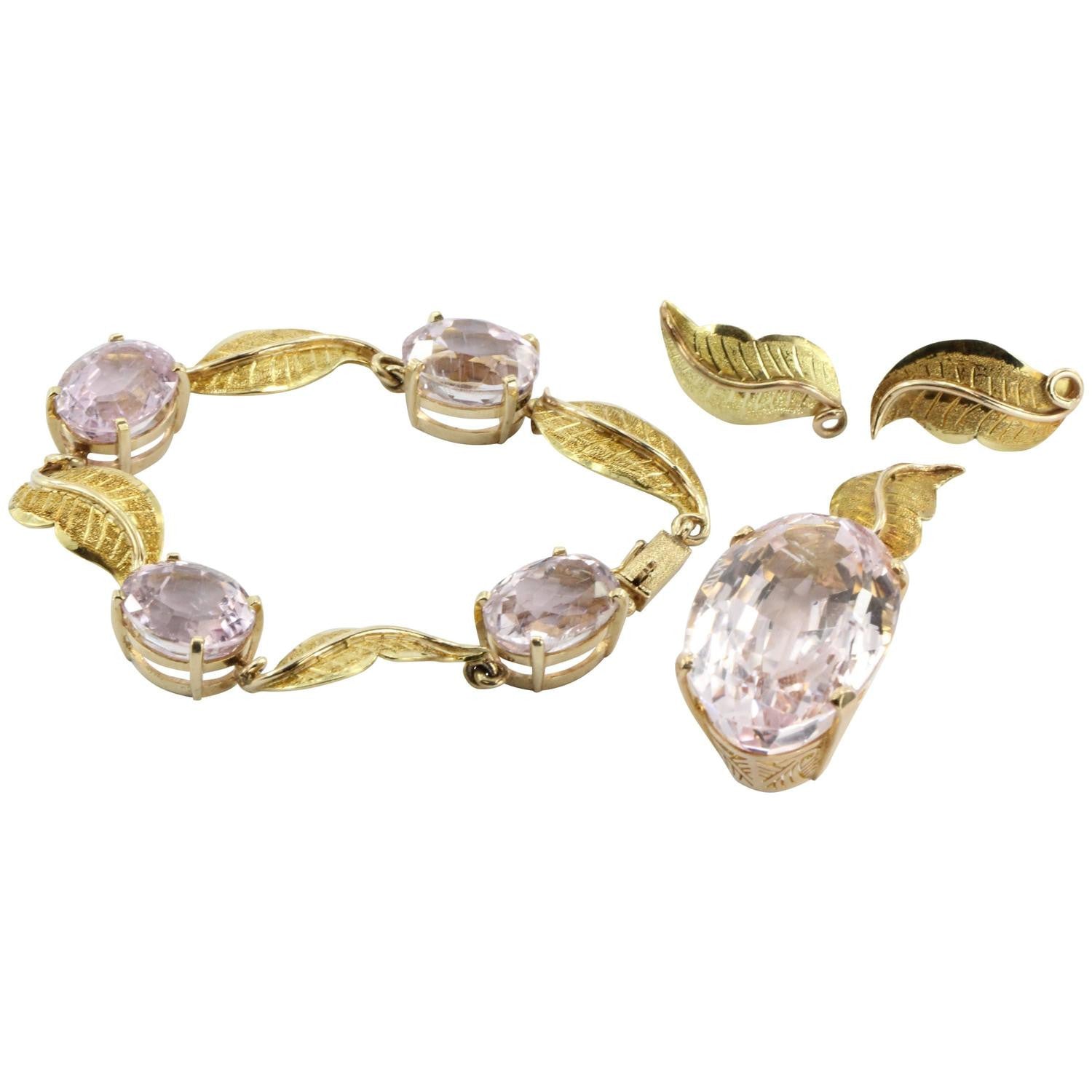 Vintage Gold 56 Carat Morganite Pendant, 30 Carat Kunzite Bracelet w/ Earrings - Queen May