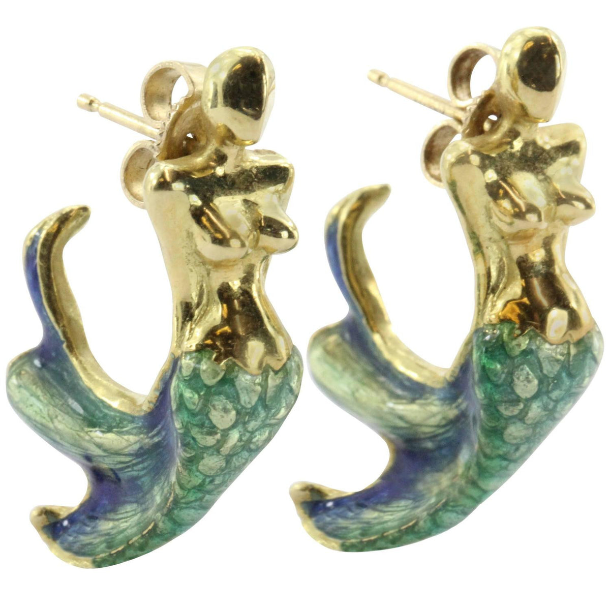 18K Gold  Blue & Green Enamel Figural Mermaid Earrings - Queen May