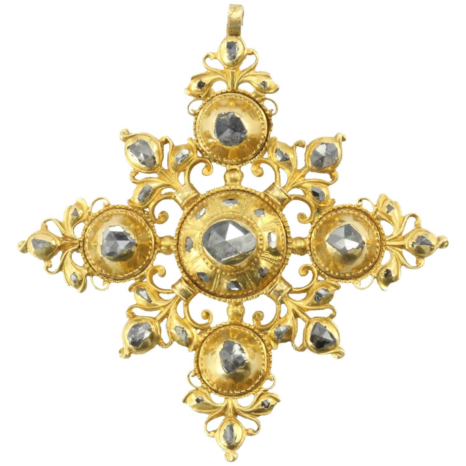 Antique Spanish 18th Century 22K Gold & Rose Cut Diamond Cordoba Pendant Cross - Queen May