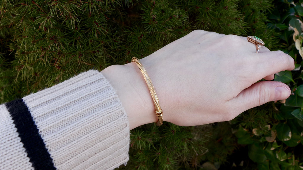 14K Yellow Gold Textured Cable Rope Tube Bangle - Queen May