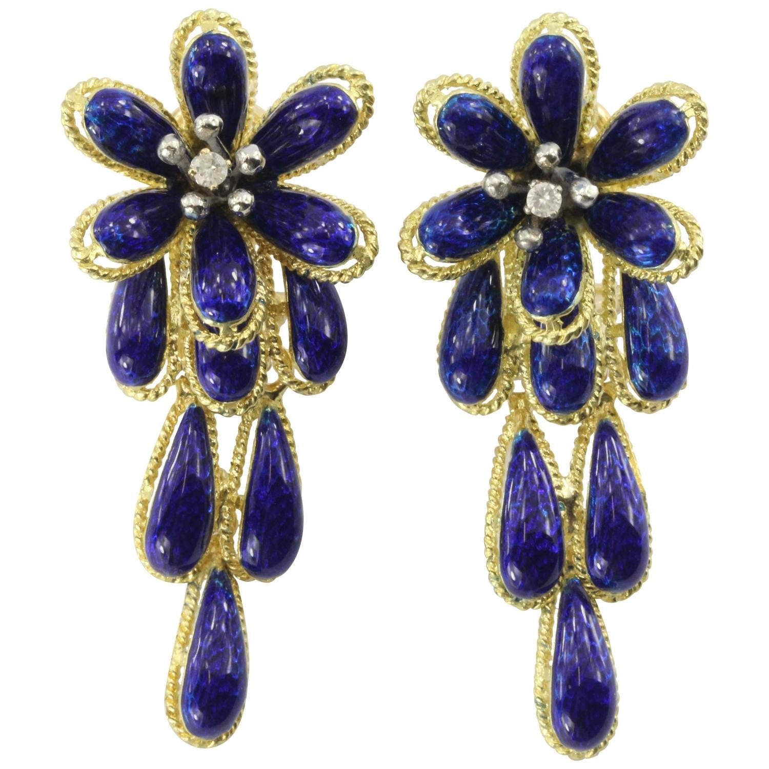 Vintage Mid Century Italian 18K Gold Blue Enamel & Diamond Drop Chunky Flower Earrings - Queen May