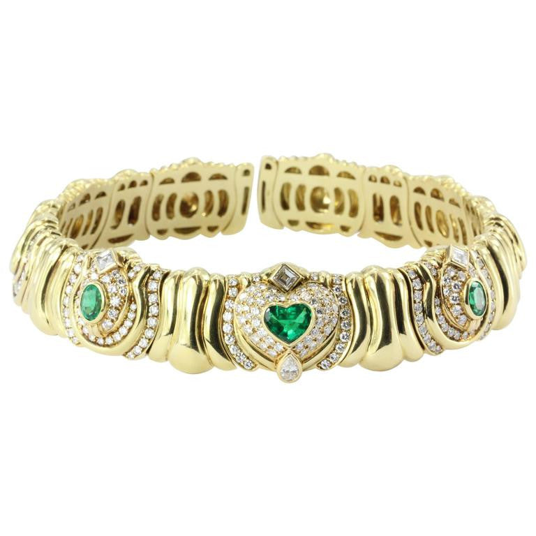 Vintage 18K Gold Emerald 4 CTW & Diamond 6.6 CTW Chunky Italian Collar Necklace - Queen May