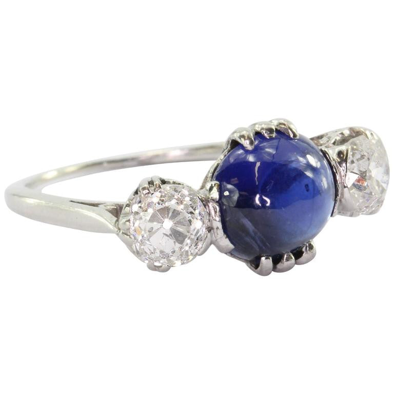 Antique Edwardian Platinum 3.18 Carat Blue Sapphire & Diamond Engagement Ring - Queen May