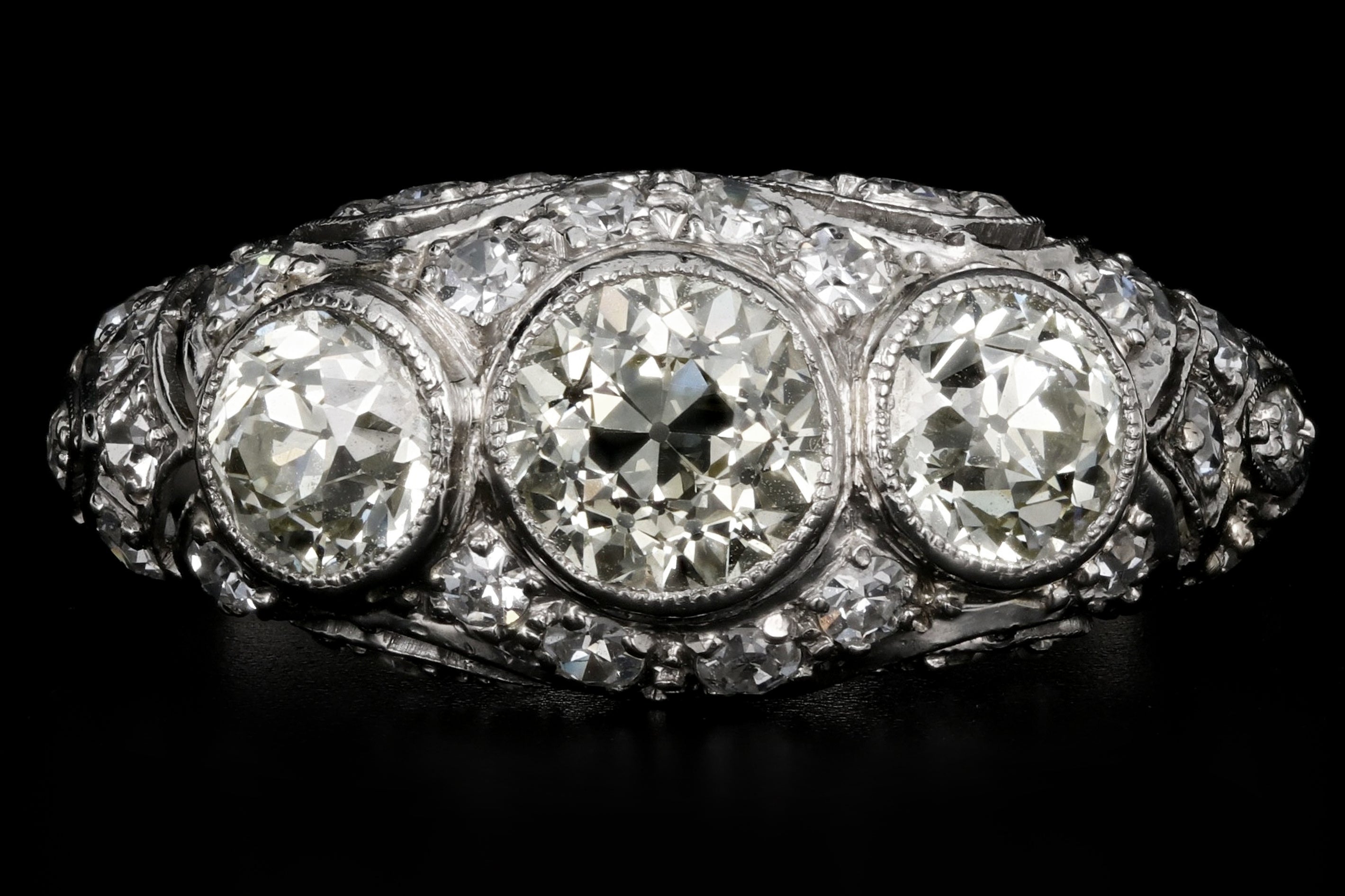 Art Deco Platinum Old European Cut Fancy Light Yellow 3 Stone Cluster Ring C.1920's - Queen May