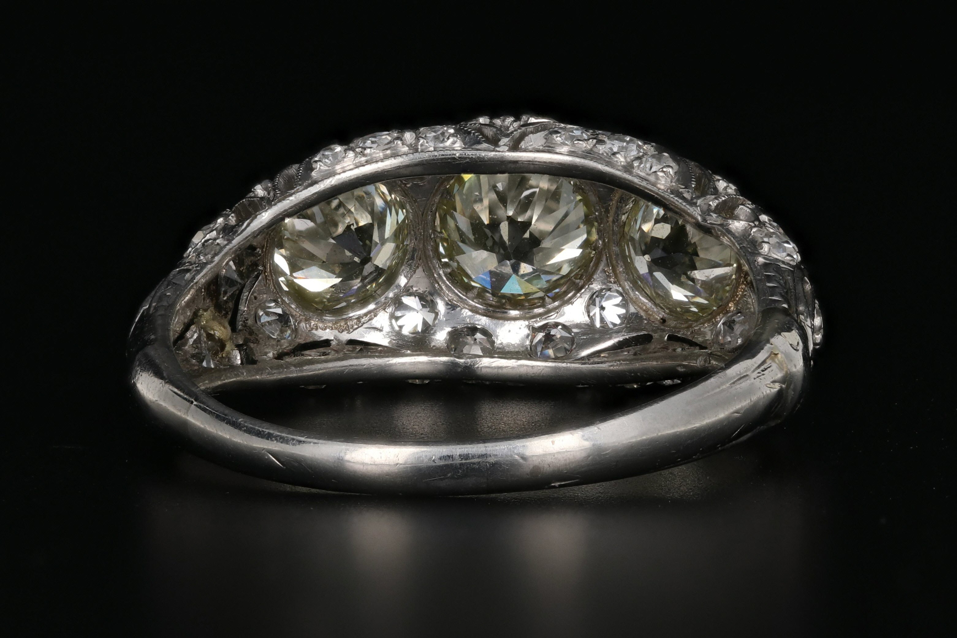 Art Deco Platinum Old European Cut Fancy Light Yellow 3 Stone Cluster Ring C.1920's - Queen May