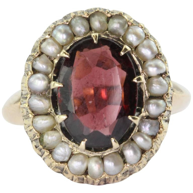 Victorian 14K Gold Garnet Seed Pearl Halo Ring - Queen May