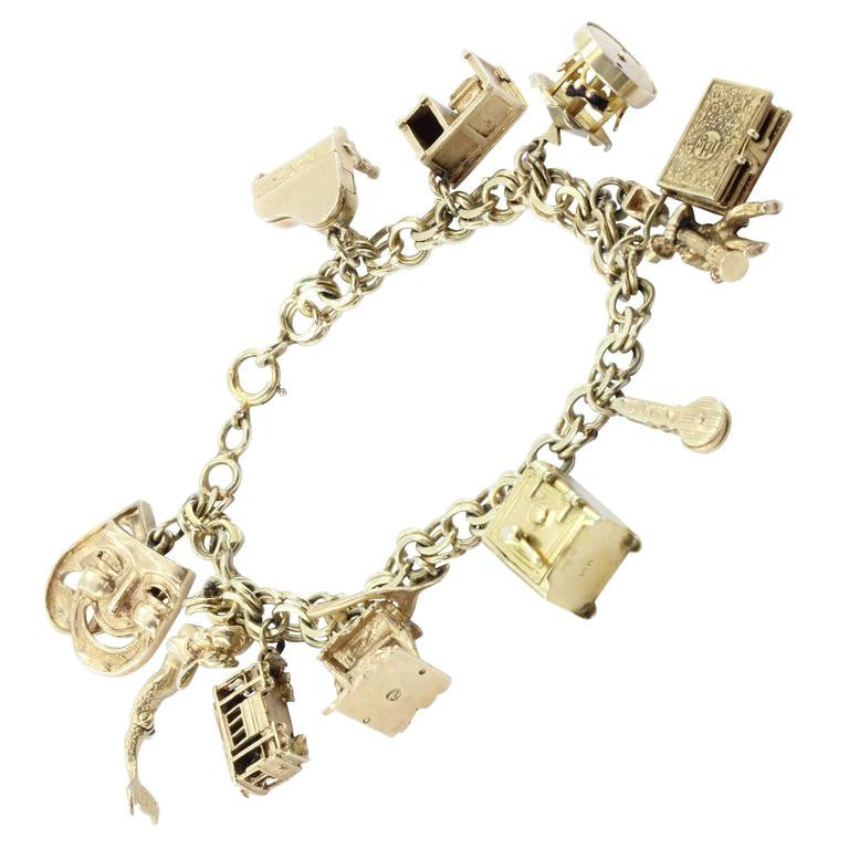 14K Gold 12 Moveable Charms Charm Bracelet Circa 1950's - Queen May