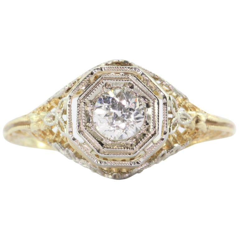 Art Deco 14K Yellow & white Gold Old European Cut Diamond Engagement Ring 1920's - Queen May