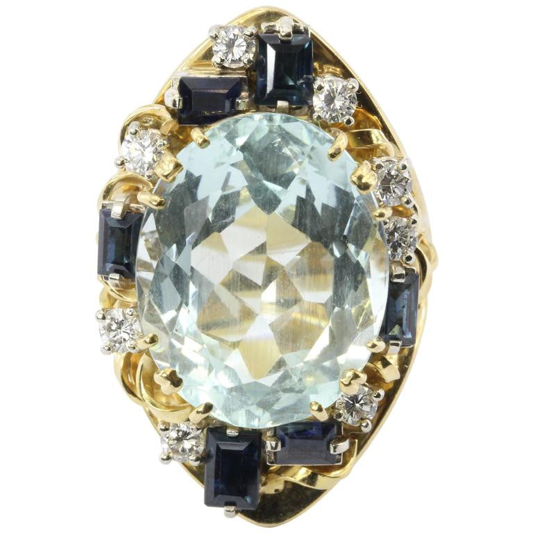 Retro American Modern 18K Gold Aquamarine Sapphire Diamond Chunky Cocktail Ring - Queen May