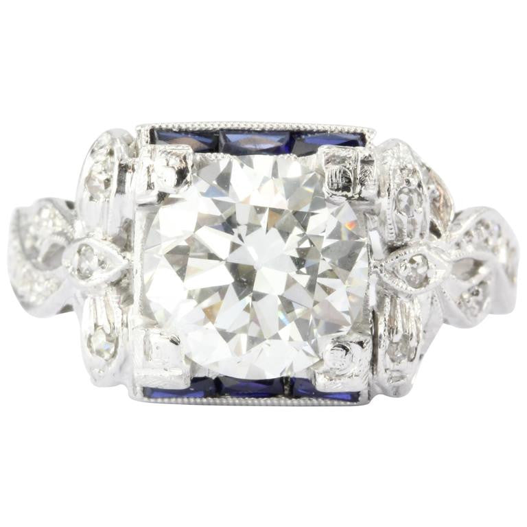 Art Deco Platinum GIA 2.09 Carat Diamond Sapphire Ribbon Engagement Ring - Queen May