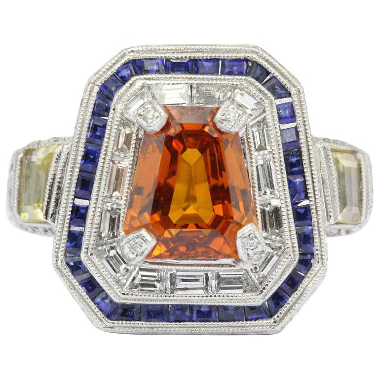 GIA Cert 18K White Gold Orang, Blue, Yellow Sapphire and Diamond Statement Ring - Queen May
