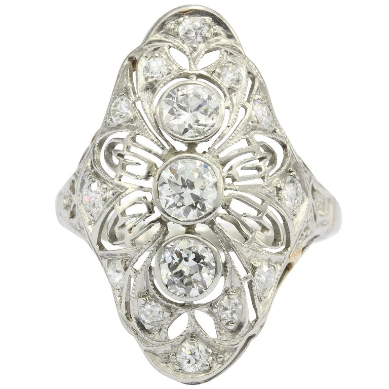 Art Deco Platinum Filigree Old European Diamond Shield Ring - Queen May