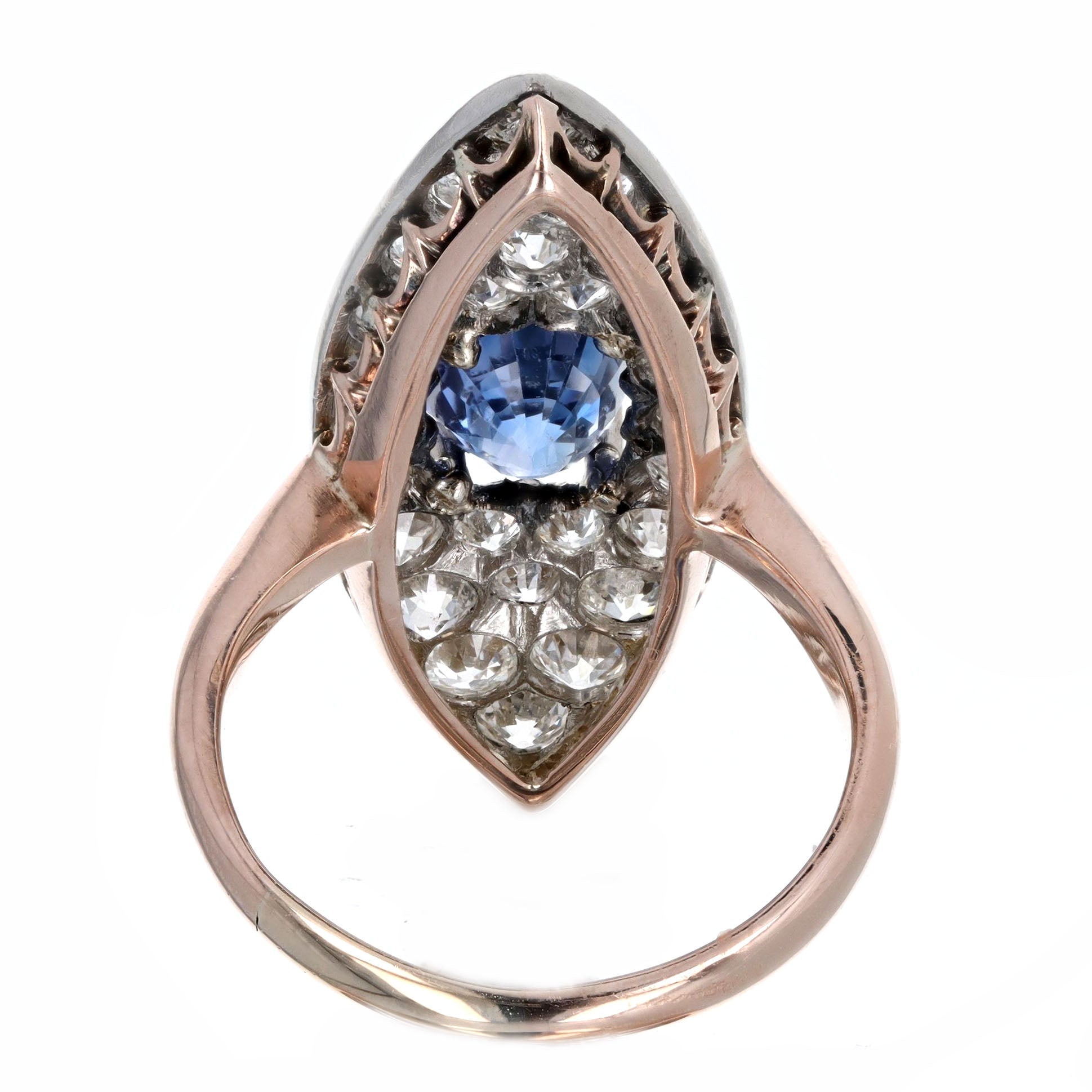 Edwardian 1.86 Carat Oval Natural Sapphire Diamond Navette Ring in 10K Rose Gold & Platinum - Queen May