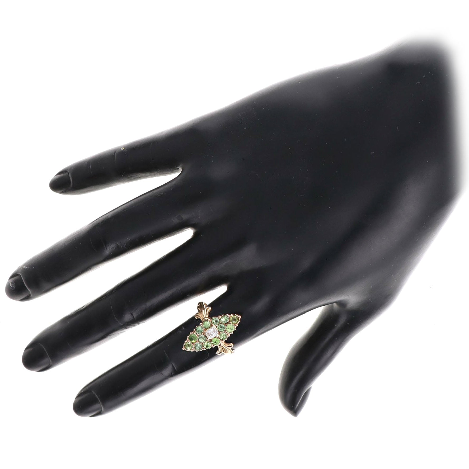 Victorian 0.12 Carat Antique Oval Diamond & Demantoid Garnet Navette Ring in 14K Yellow Gold - Queen May