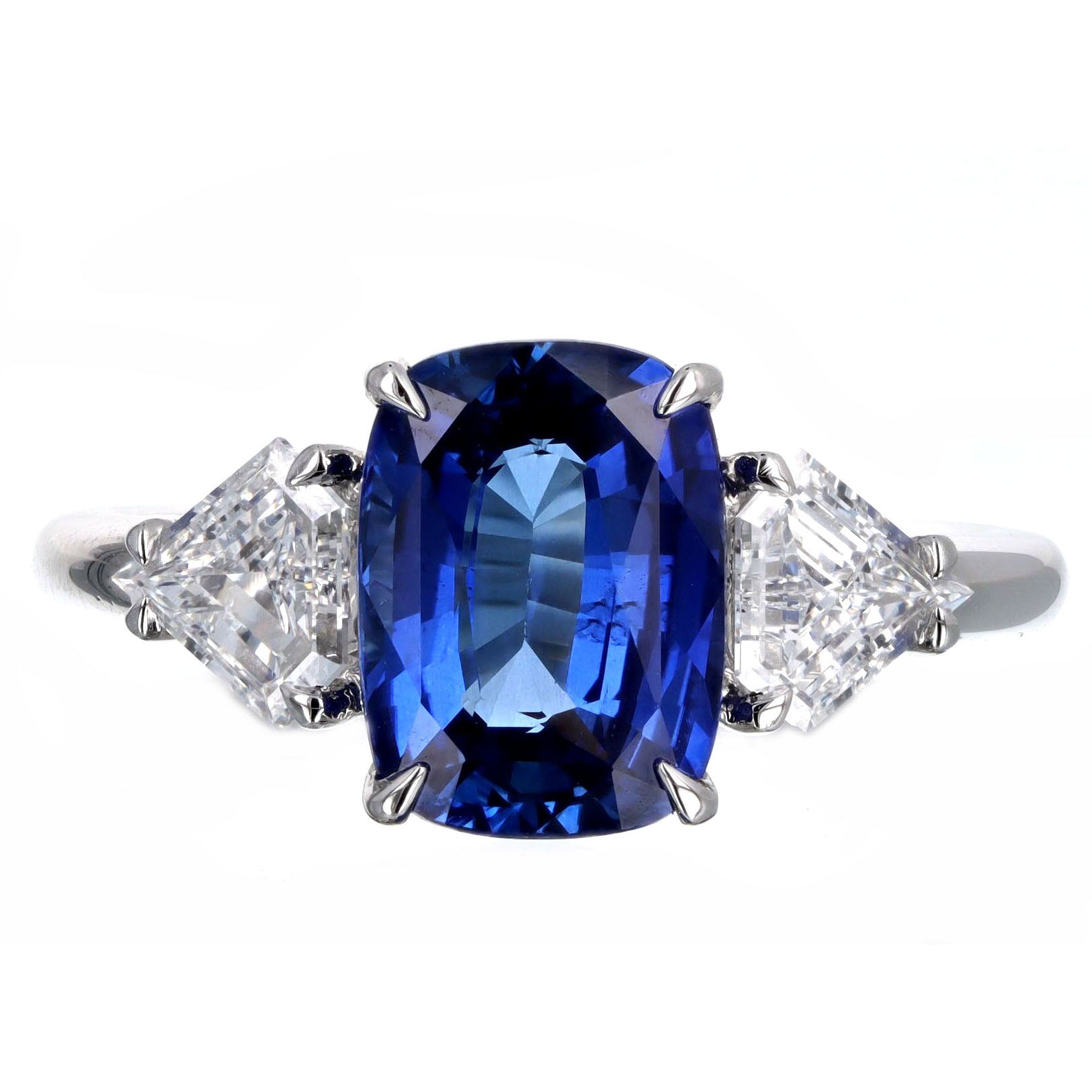 3.72 Carat Cushion Natural Sapphire Shield Diamond Three Stone Ring in Platinum GIA Certified - Queen May
