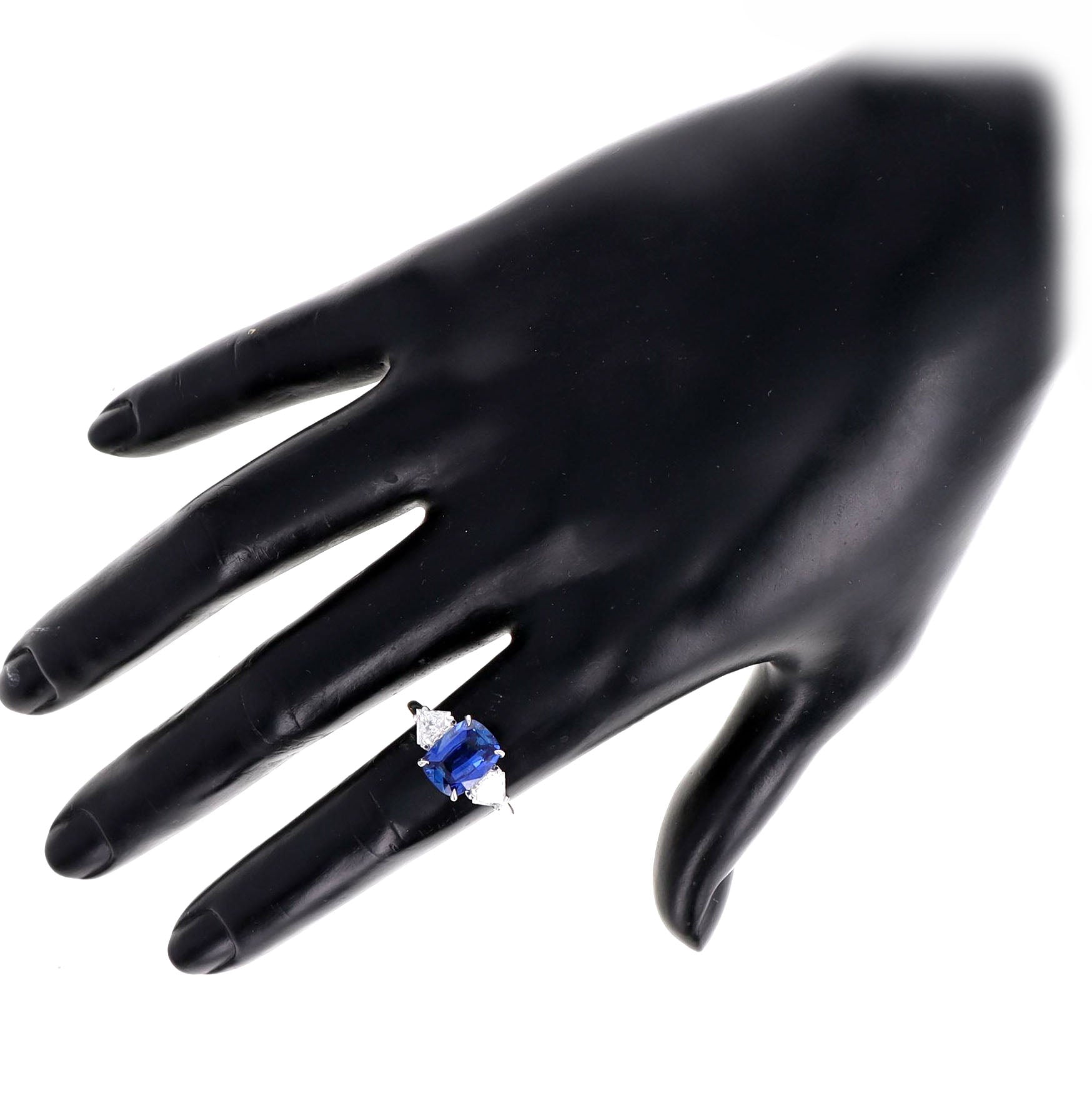 3.72 Carat Cushion Natural Sapphire Shield Diamond Three Stone Ring in Platinum GIA Certified - Queen May