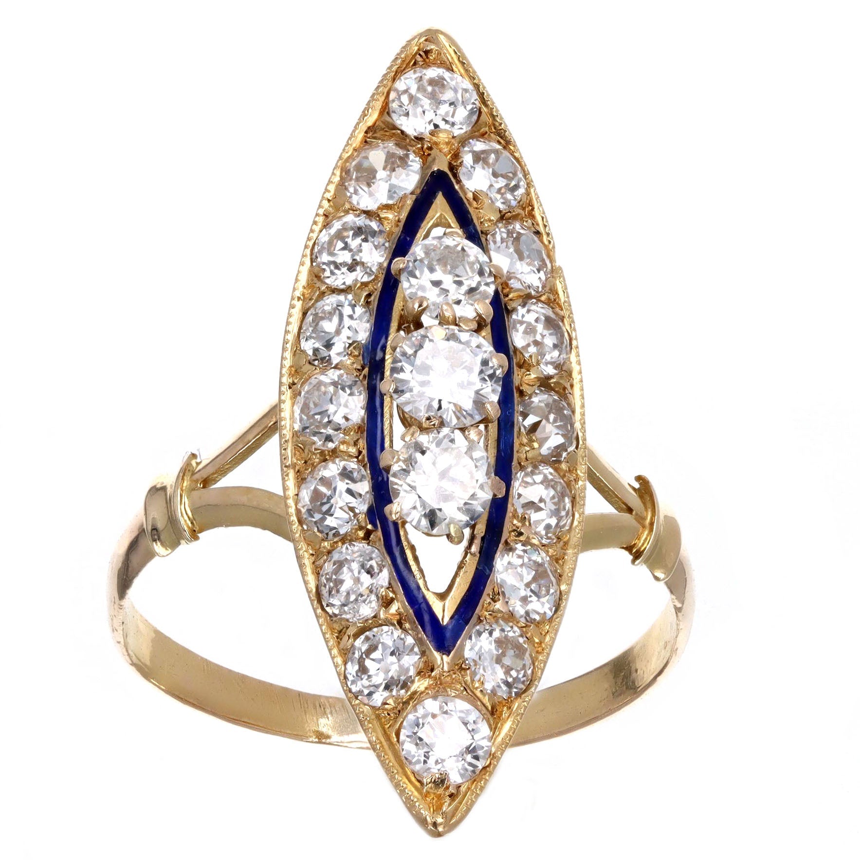 Victorian 1.25 Carat Total Weight Old European Diamond Enamel Navette Ring in 18K Yellow Gold - Queen May