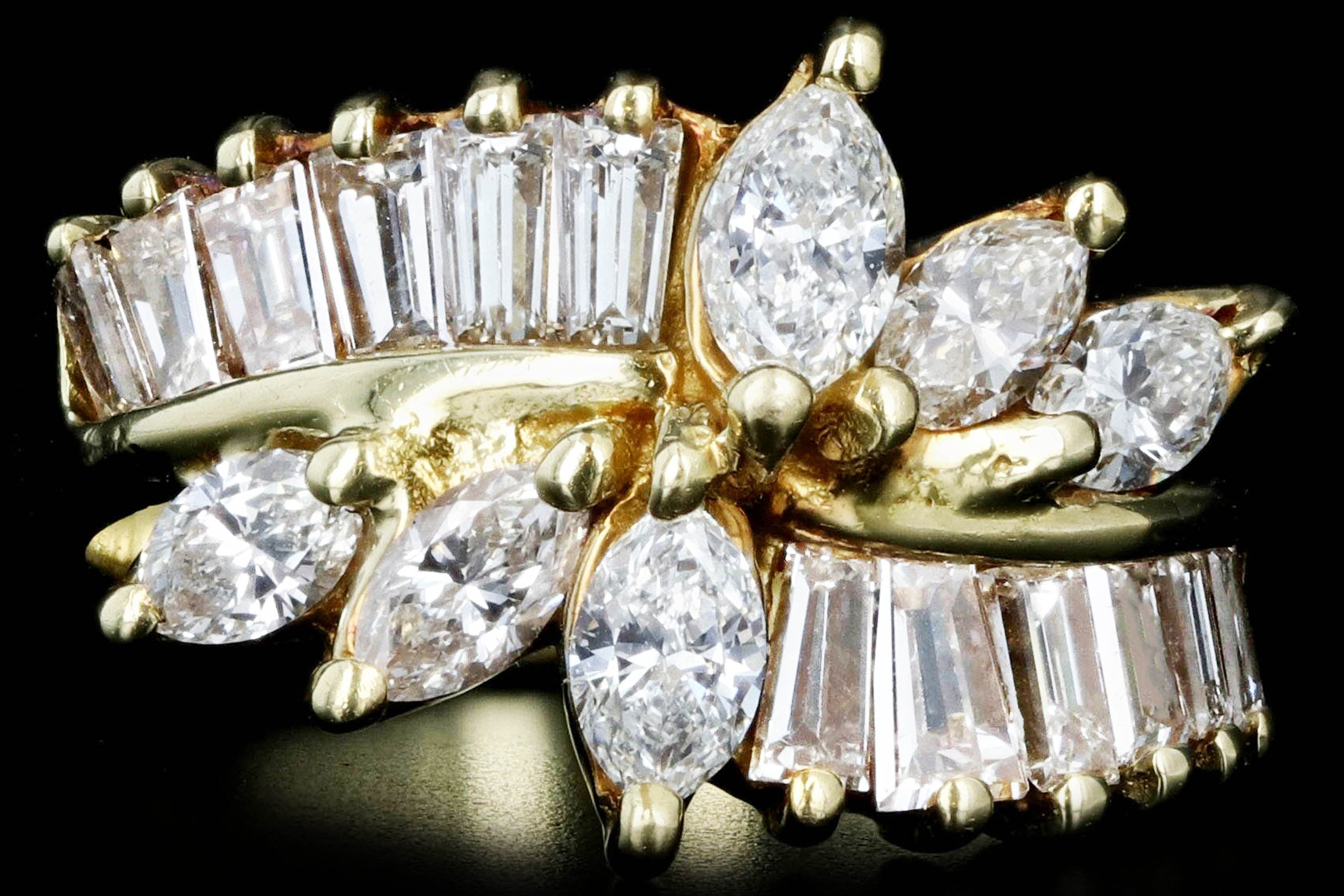 Retro 18K Yellow Gold 2.5 CTW Marquise and Tapered Baguette Diamond Ring - Queen May