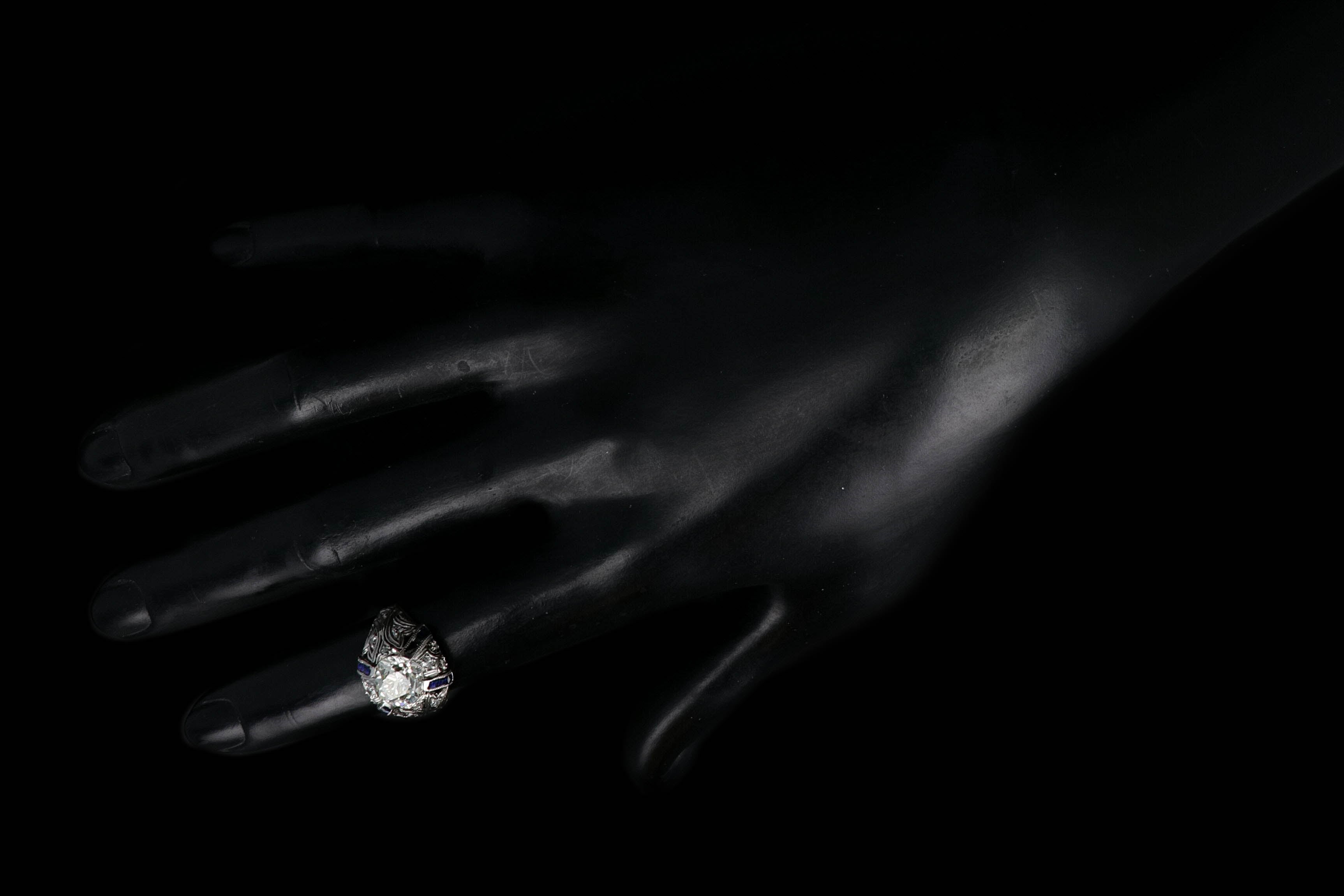 Art Deco Platinum 2 CTR Old European Cut Diamond And French Cut Sapphires Engagement Ring GIA Certified - Queen May