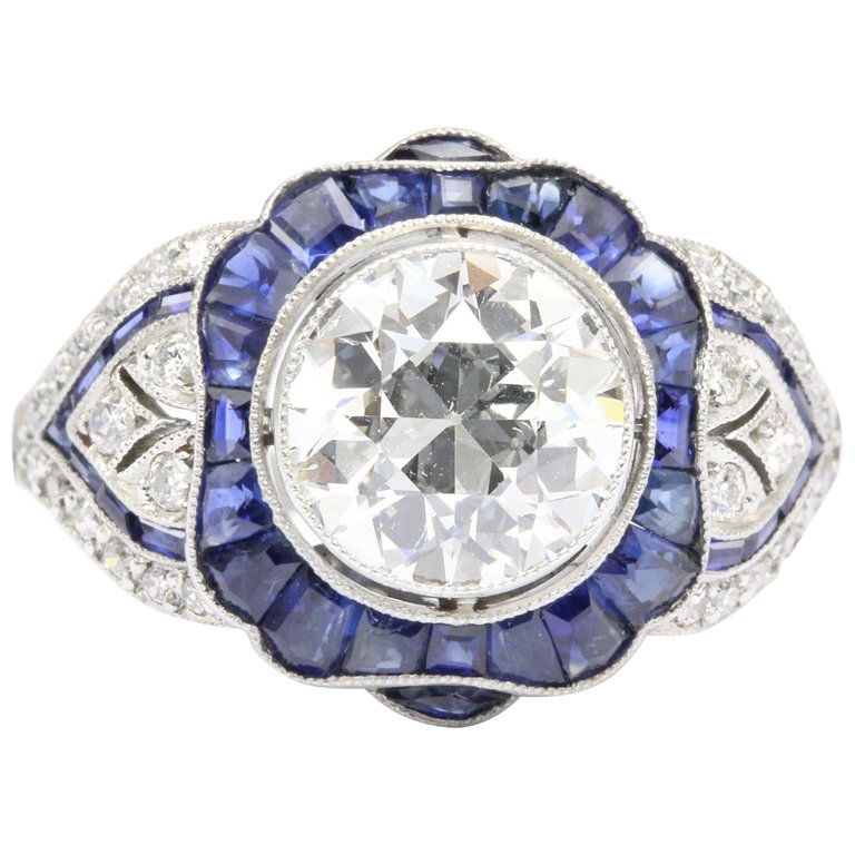 Platinum Art Deco Style 2.07 carat Old European Cut Diamond & Calibre Blue Sapphire Ring - Queen May