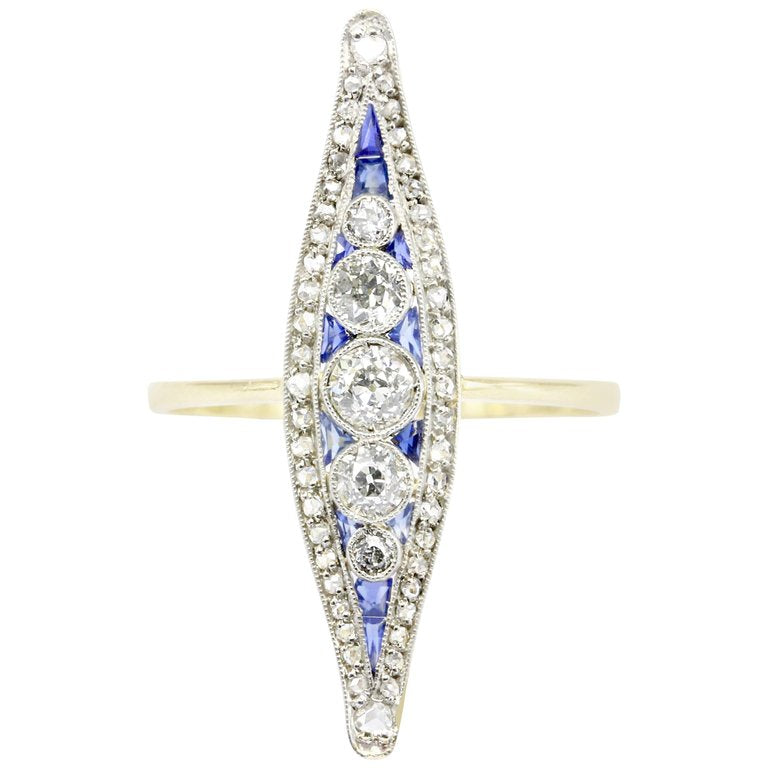 Edwardian 18K Yellow Gold Diamond and Sapphire Navette Ring Size 7 - Queen May
